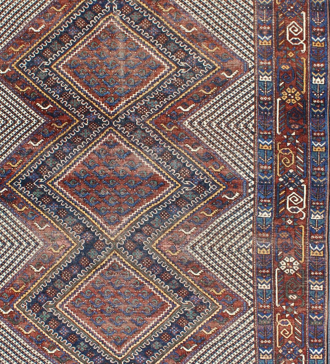 Tribal Tri-Medallion Antique Persian Afshar Rug in Colorful Tones of Red, Blue, Green For Sale