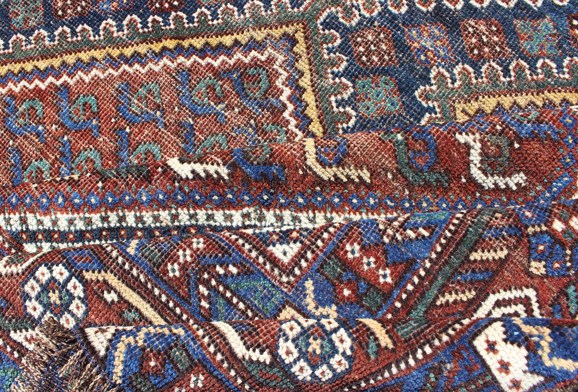 Hand-Knotted Tri-Medallion Antique Persian Afshar Rug in Colorful Tones of Red, Blue, Green For Sale