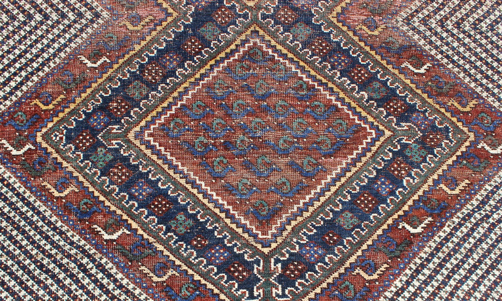 Early 20th Century Tri-Medallion Antique Persian Afshar Rug in Colorful Tones of Red, Blue, Green For Sale