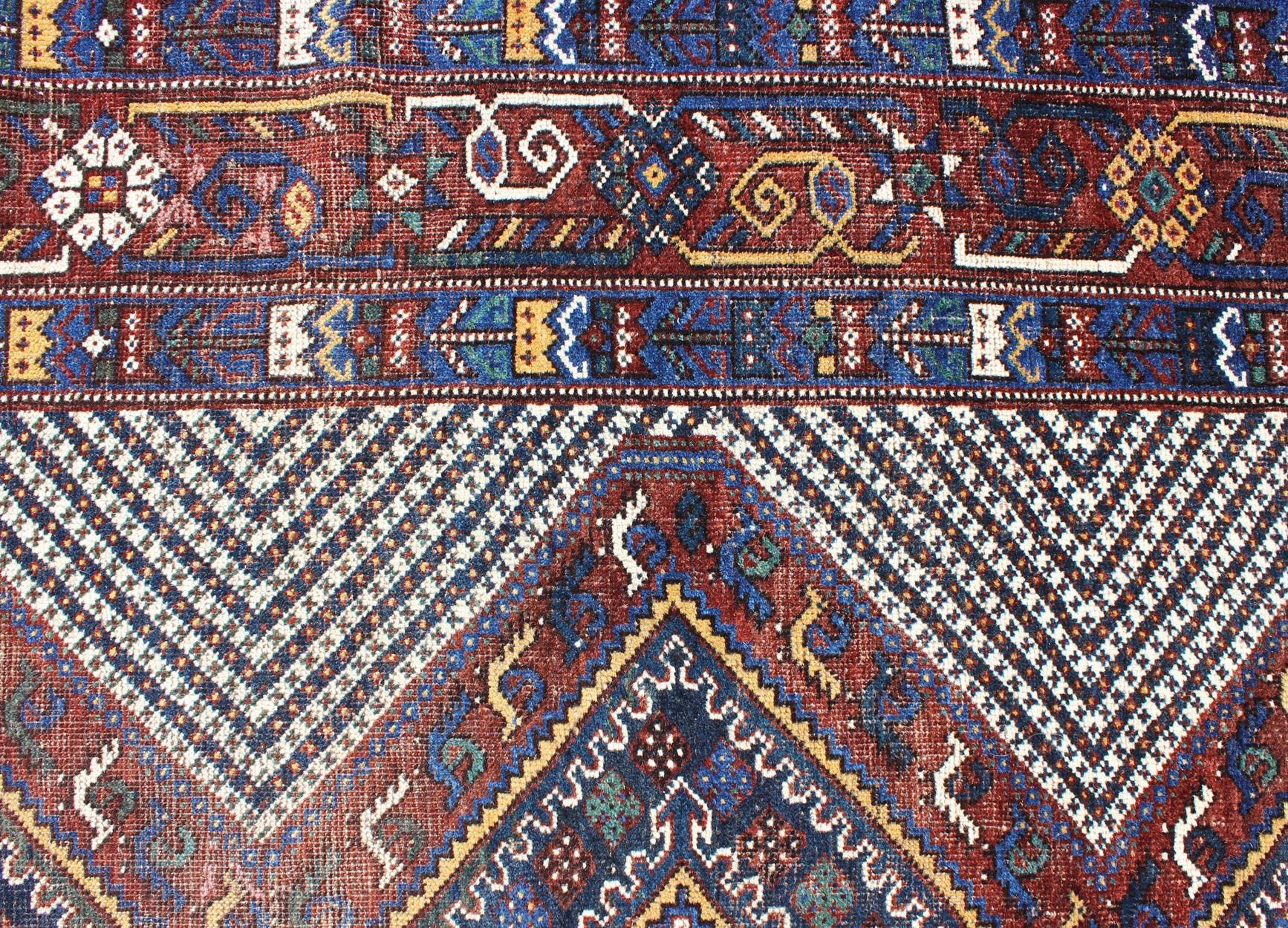 Wool Tri-Medallion Antique Persian Afshar Rug in Colorful Tones of Red, Blue, Green For Sale