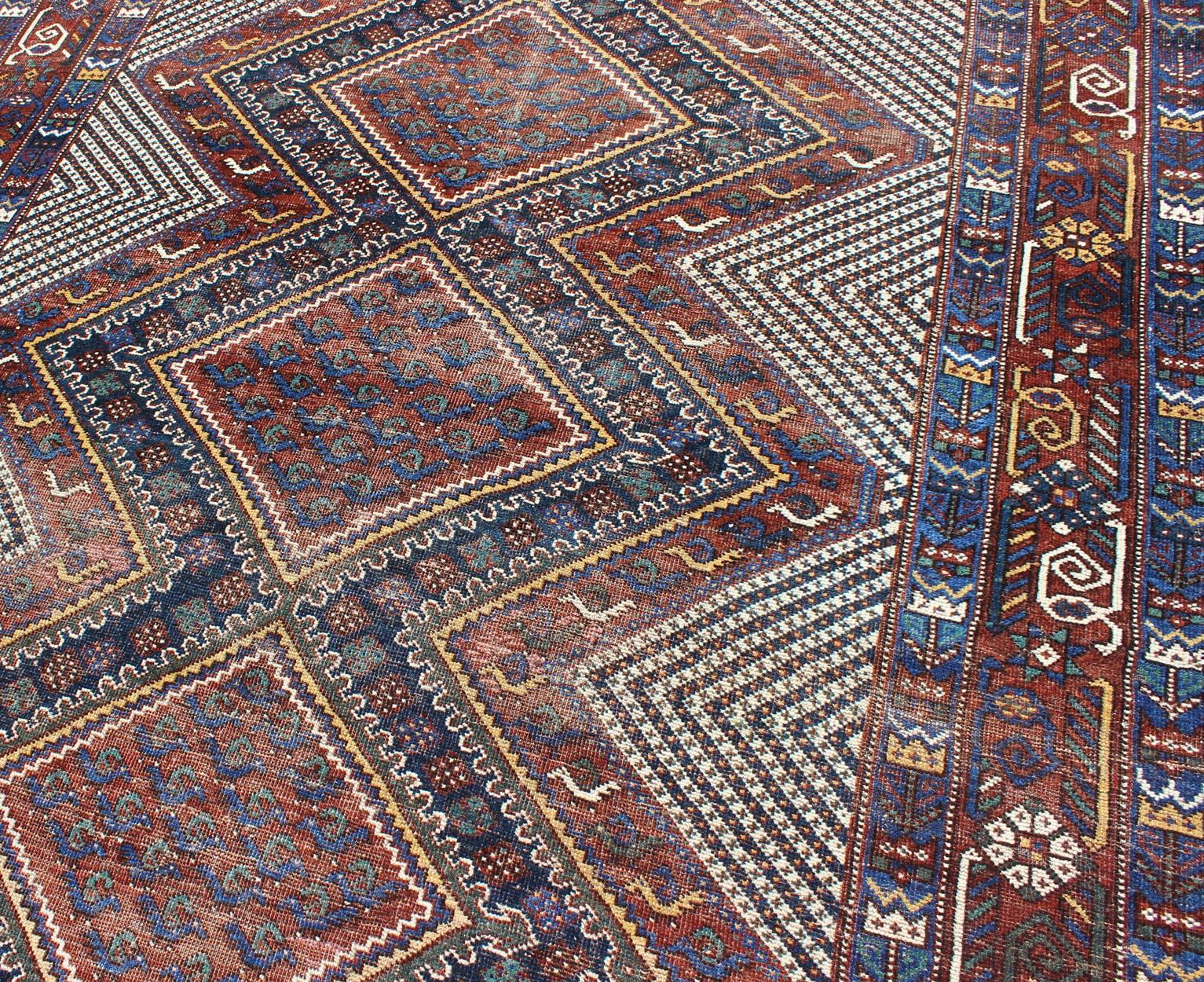 Tri-Medallion Antique Persian Afshar Rug in Colorful Tones of Red, Blue, Green For Sale 1