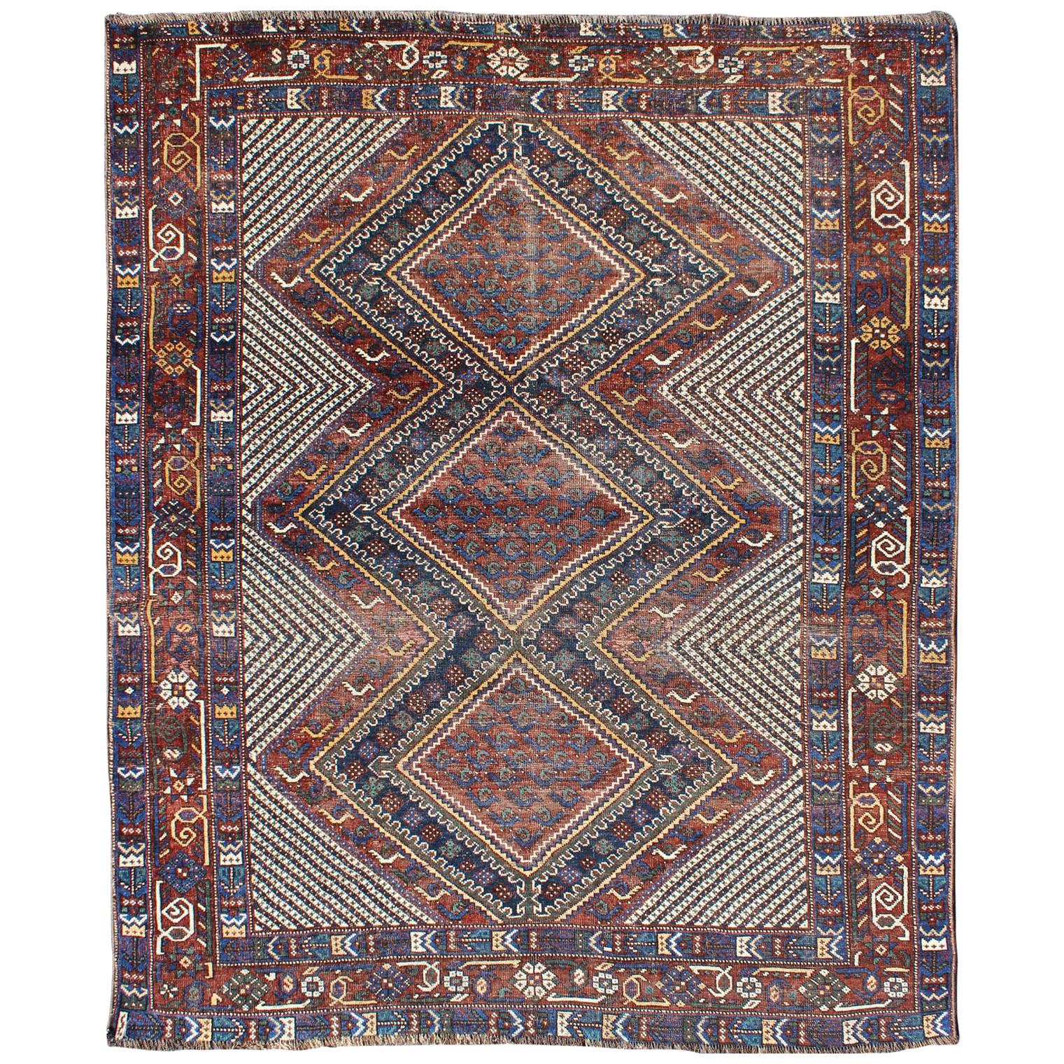 Tri-Medallion Antique Persian Afshar Rug in Colorful Tones of Red, Blue, Green
