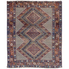 Tri-Medallion Antique Persian Afshar Rug in Colorful Tones of Red, Blue, Green