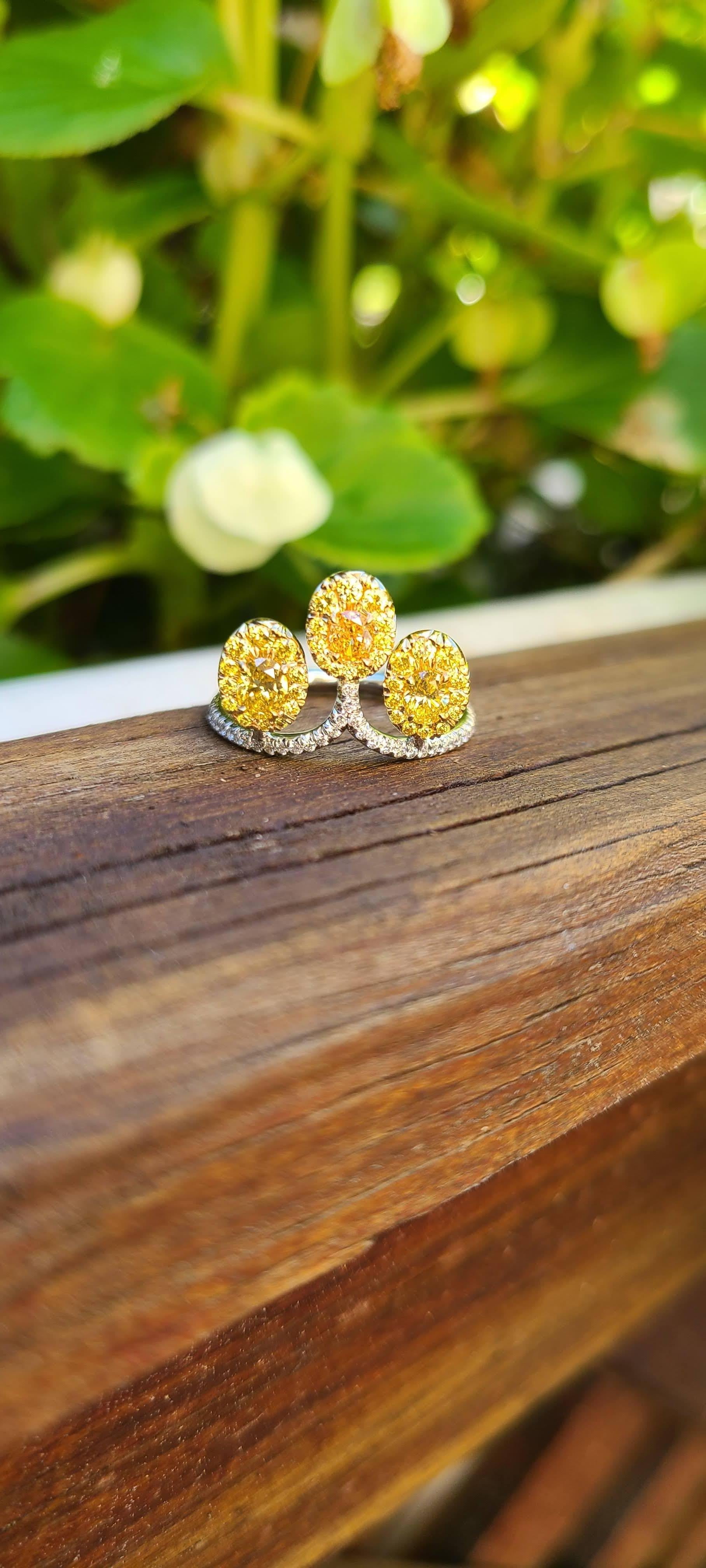 Modern Oval Orange Diamond Accented by Yellow Oval Diamond Handmade Cocktail Ring For Sale