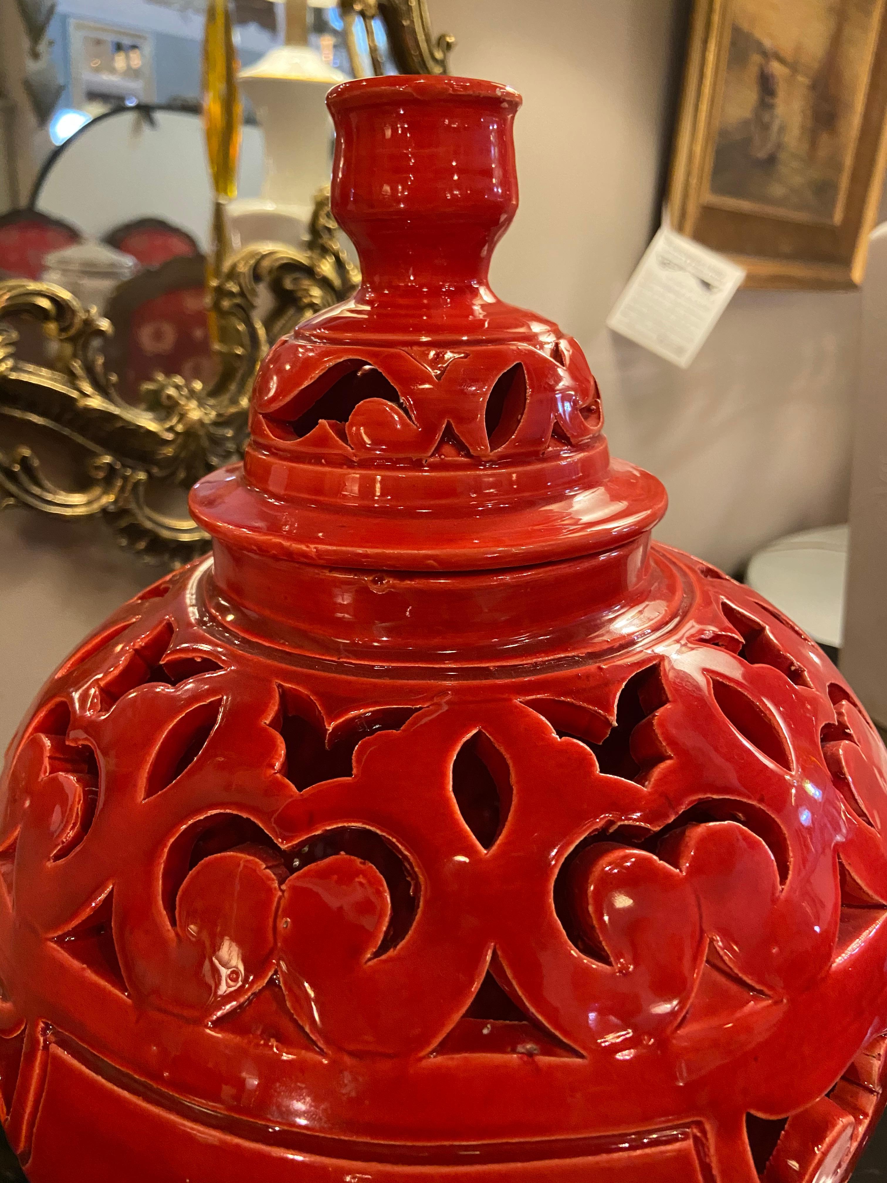 Moorish Oriental Red Ceramic Lidded Vase or Urn For Sale