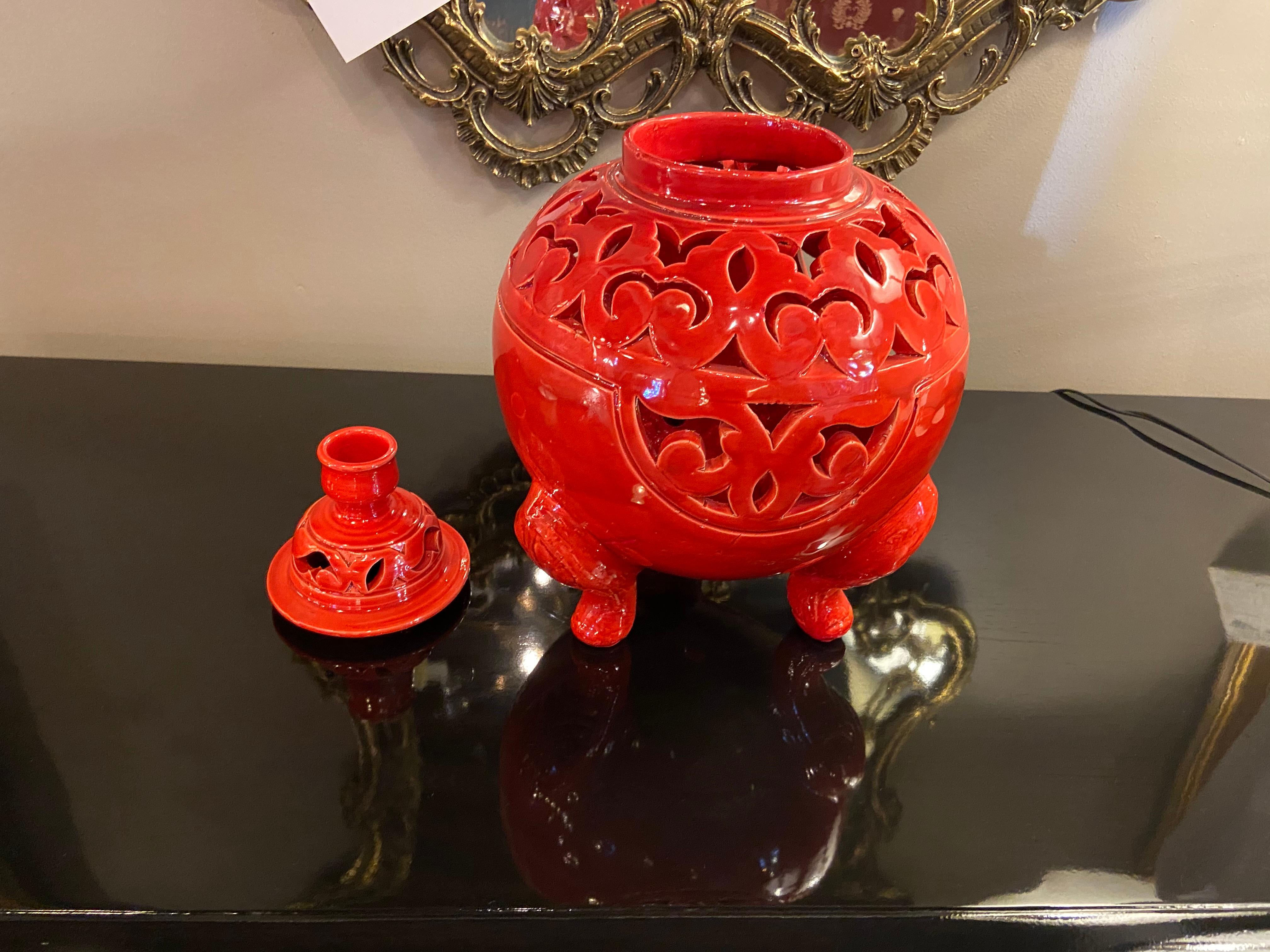 Moroccan Oriental Red Ceramic Lidded Vase or Urn For Sale