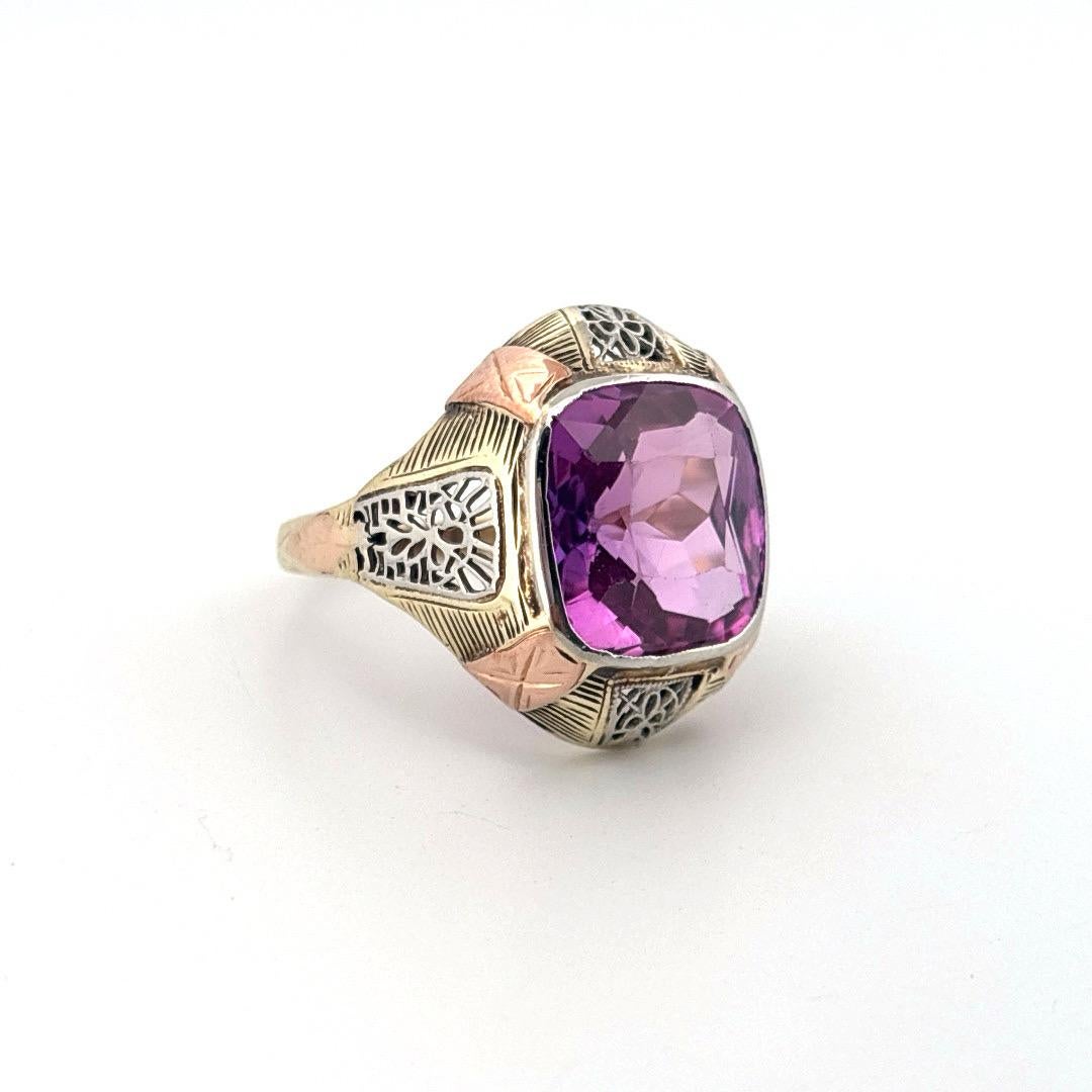 Retro Tri-Tone 14K Gold Antique Cushion Cut 4.50ctw Synethetic Amethyst Filigree Ring For Sale