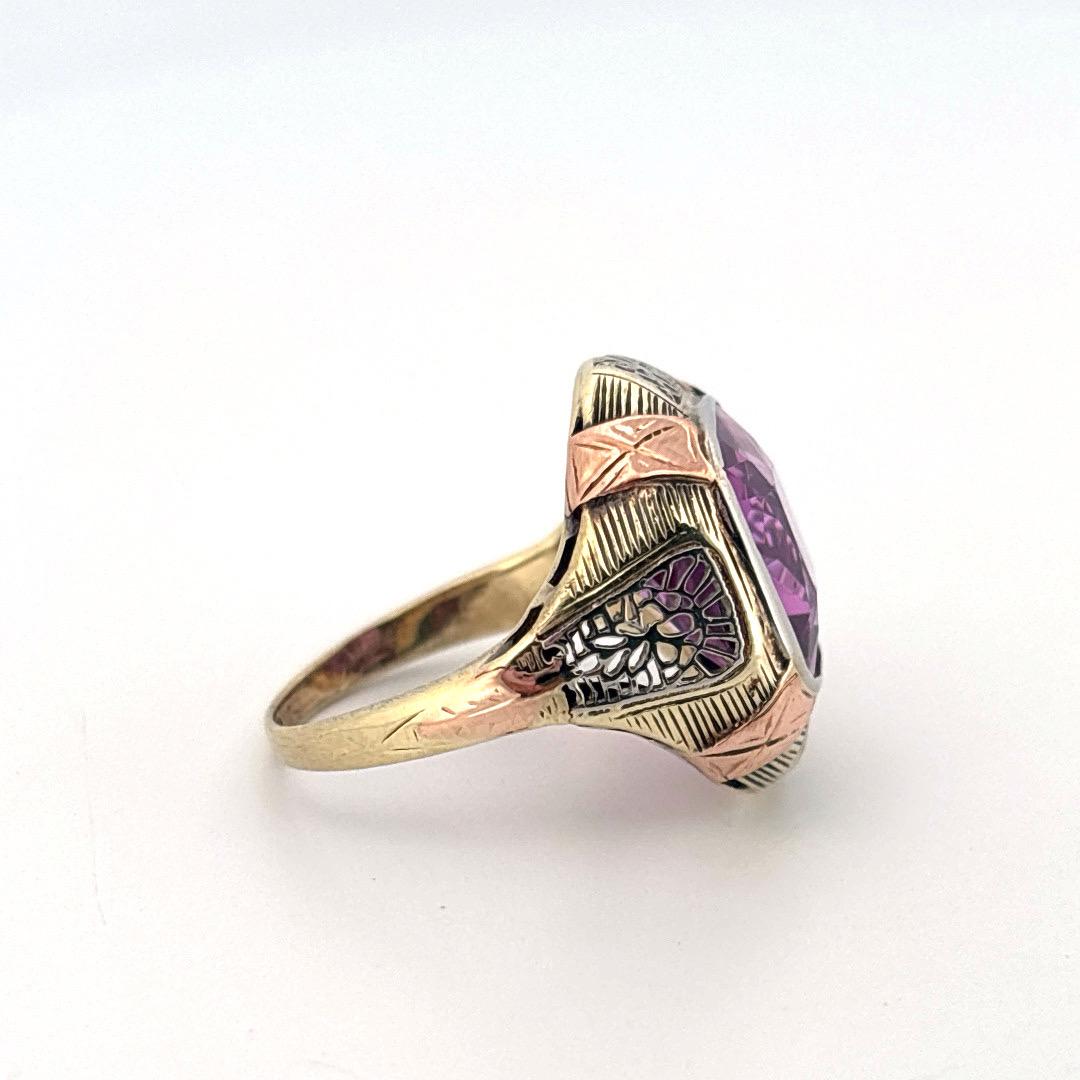 Women's or Men's Tri-Tone 14K Gold Antique Cushion Cut 4.50ctw Synethetic Amethyst Filigree Ring For Sale