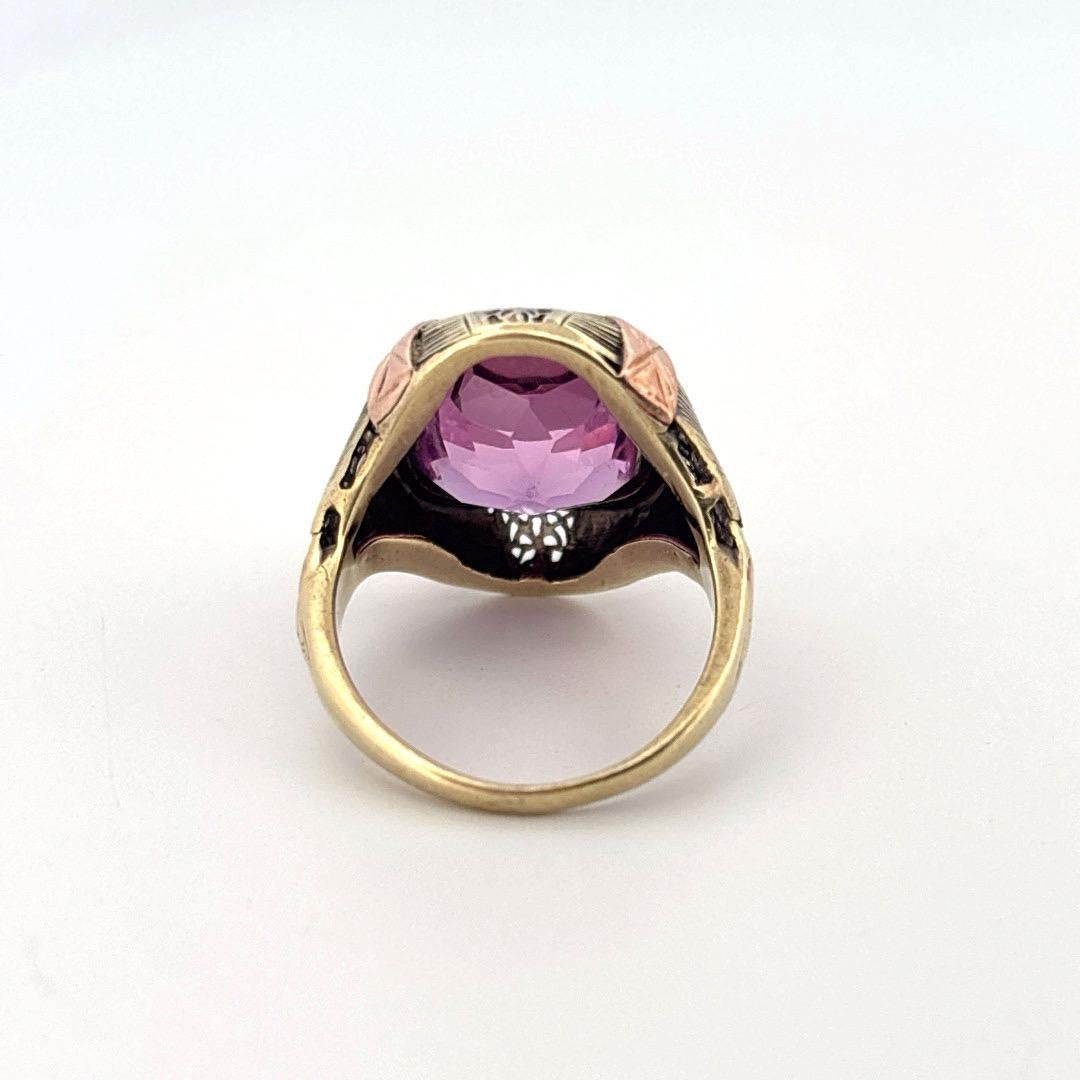 Tri-Tone 14K Gold Antique Cushion Cut 4.50ctw Synethetic Amethyst Filigree Ring For Sale 1