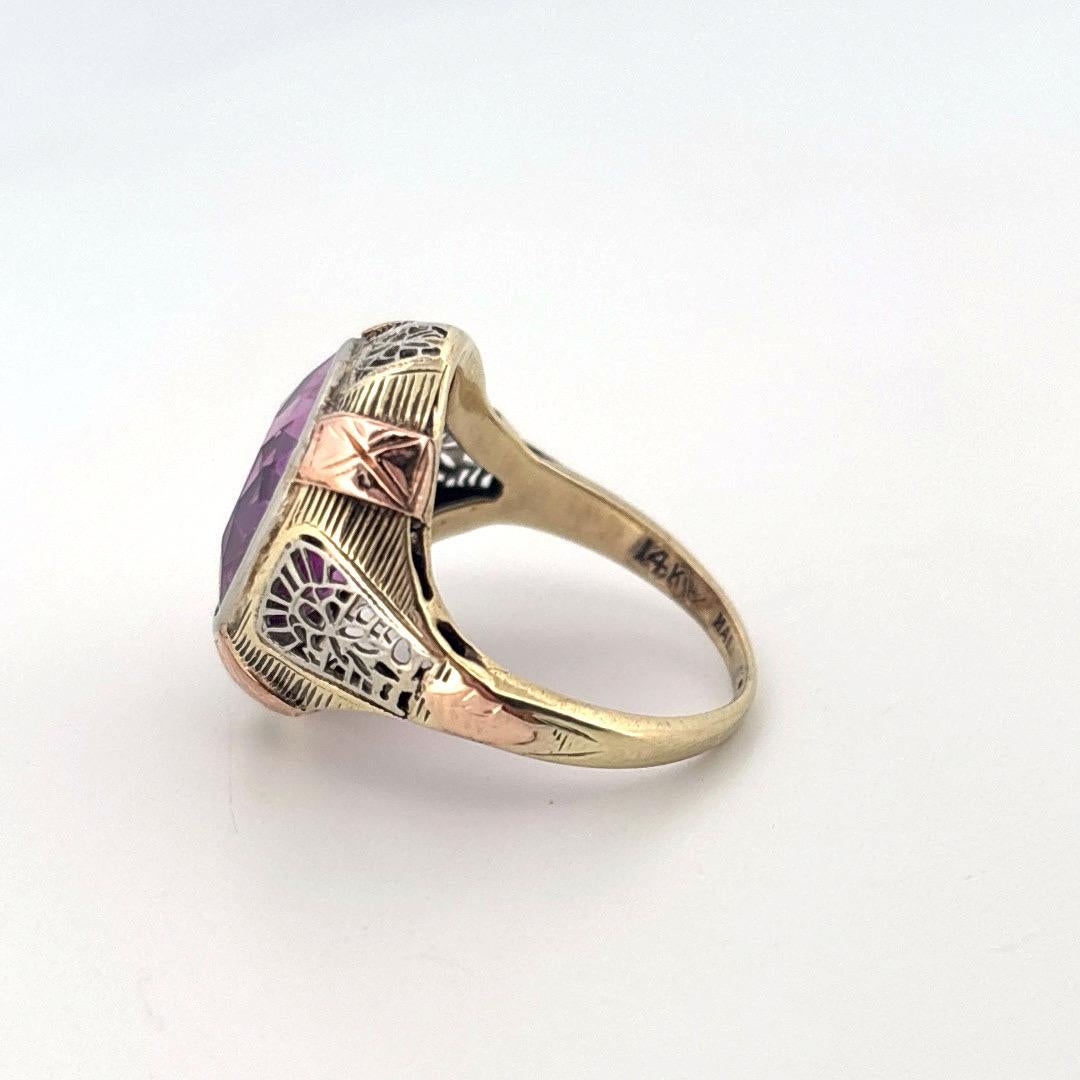 Tri-Tone 14K Gold Antique Cushion Cut 4.50ctw Synethetic Amethyst Filigree Ring For Sale 2