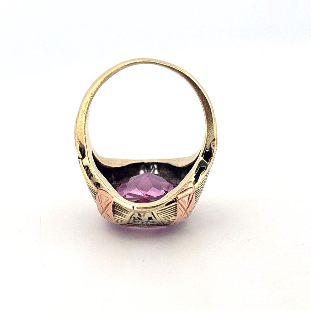 Tri-Tone 14K Gold Antique Cushion Cut 4.50ctw Synethetic Amethyst Filigree Ring For Sale 3