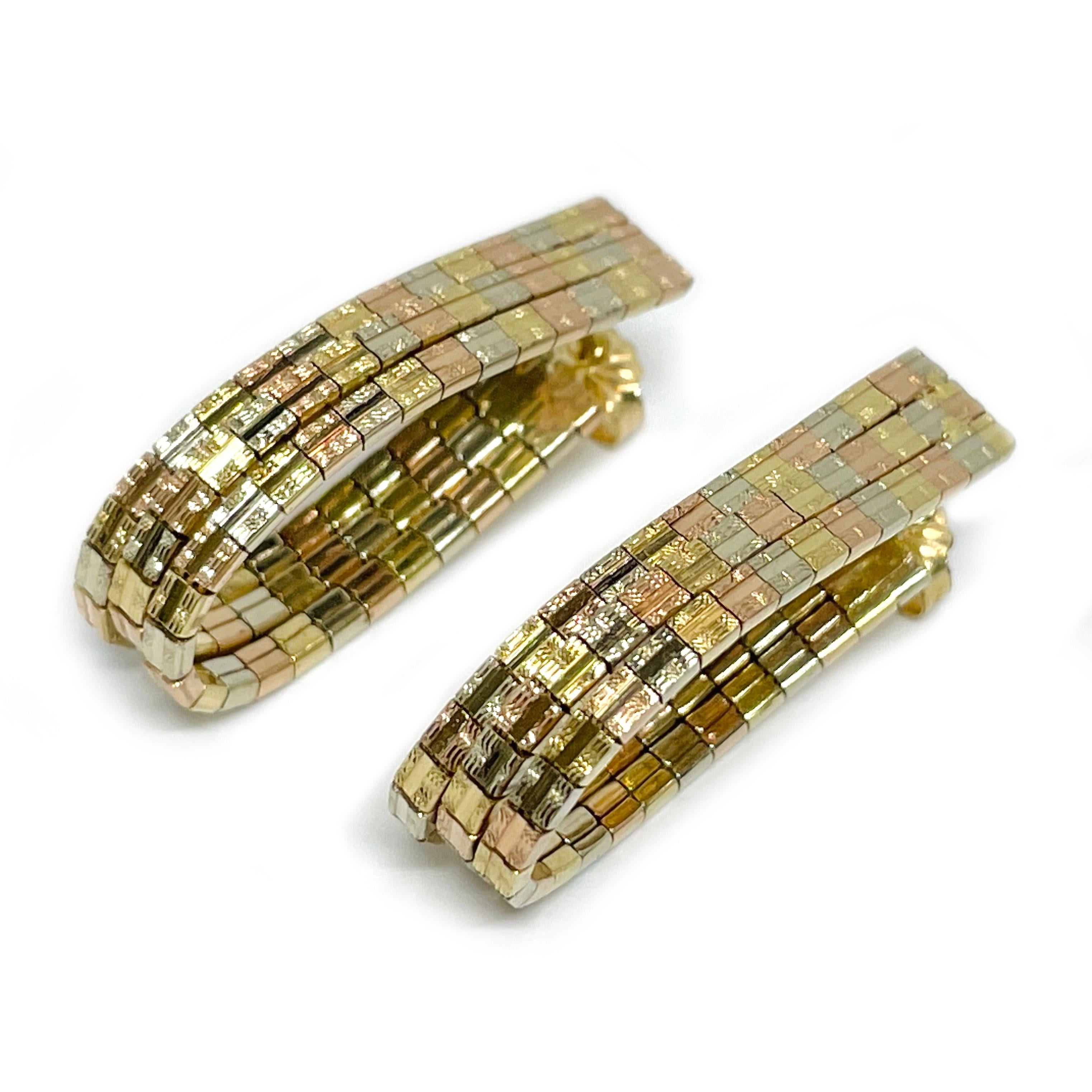 14 Karat Tri-Tone Diamond Cut Hoop Earrings. Super sparkly unique three strand hoop earrings. The earrings feature rose, white, and yellow gold flexible stands that are held in a hoop shape with a butterfly earring back. These would be great for