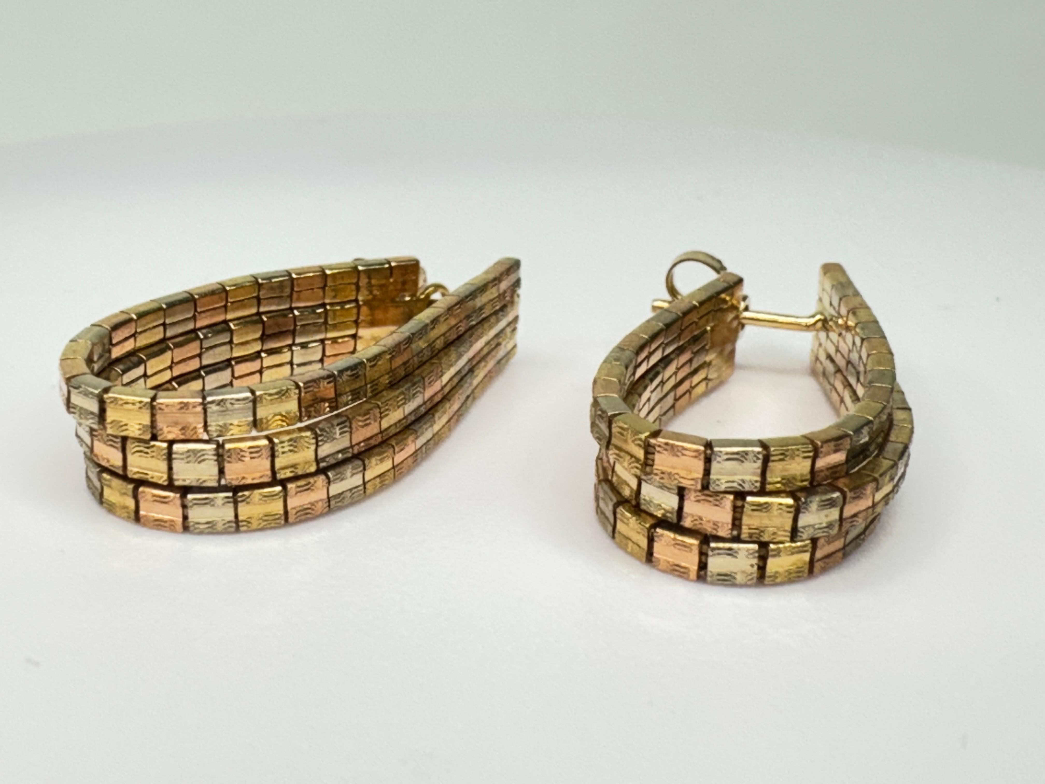 Tri-Tone Diamond Cut Hoop Earrings For Sale 1
