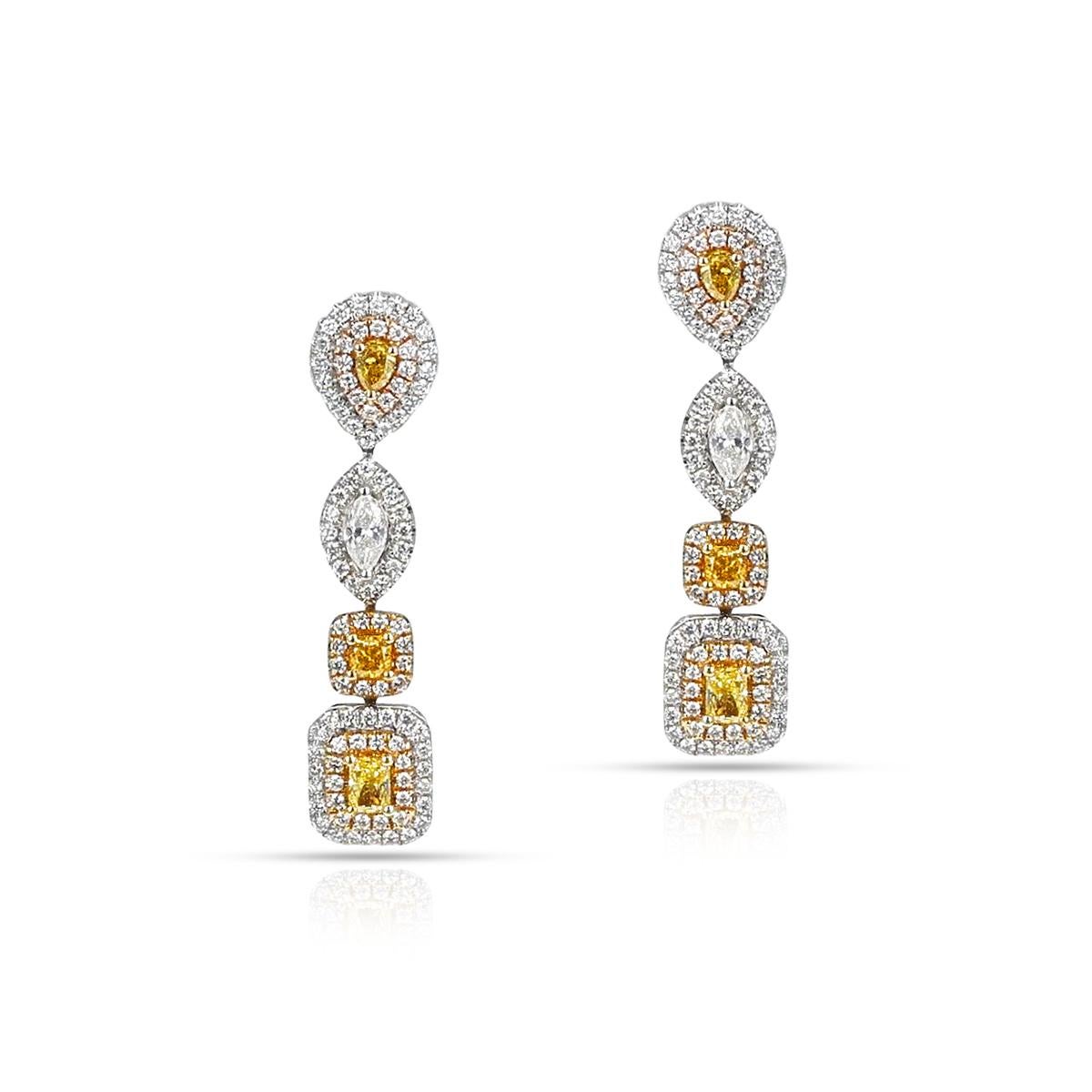 A Tri-Tone Multi-Color Mixed-Shape Diamond Dangling Earrings made in 18k yellow gold. The total diamond weight is appx. 1.72 carats. The length of the earring is 1.25 inches. The total weight is 8.49 grams. 