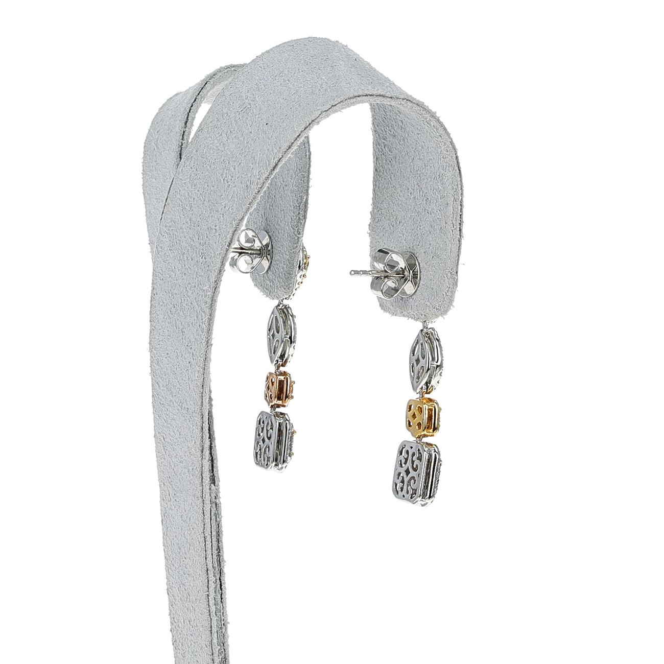 Mixed Cut Tri-Tone Multi-Color Mixed-Shape Diamond Dangling Earrings, 18k For Sale