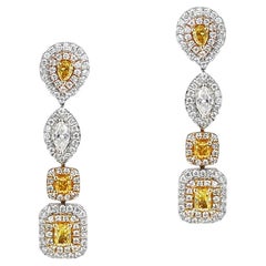 Tri-Tone Multi-Color Mixed-Shape Diamond Dangling Earrings, 18k