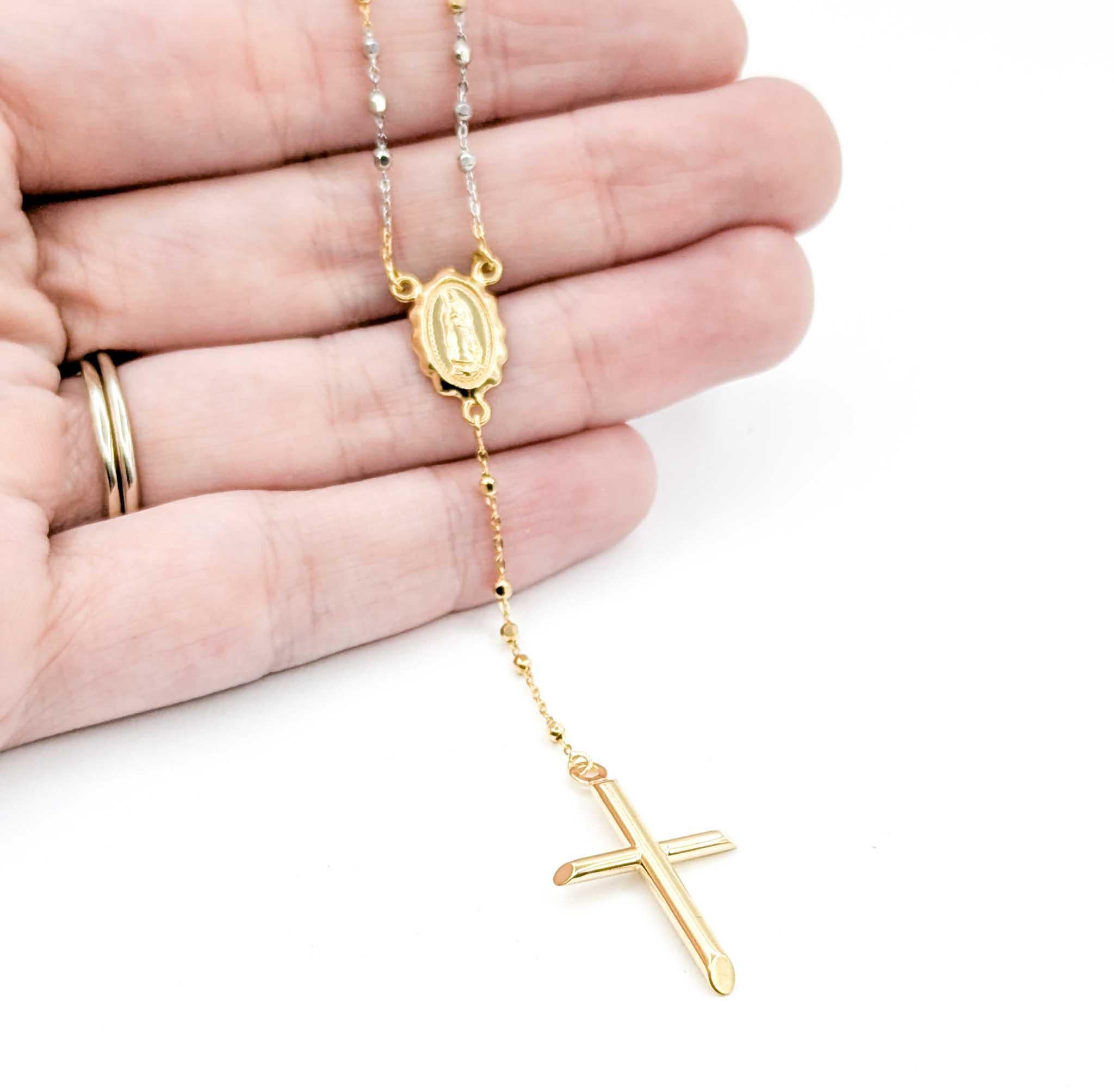 Contemporaneo Collana con rosario tricolore e croce in oro 14k in vendita