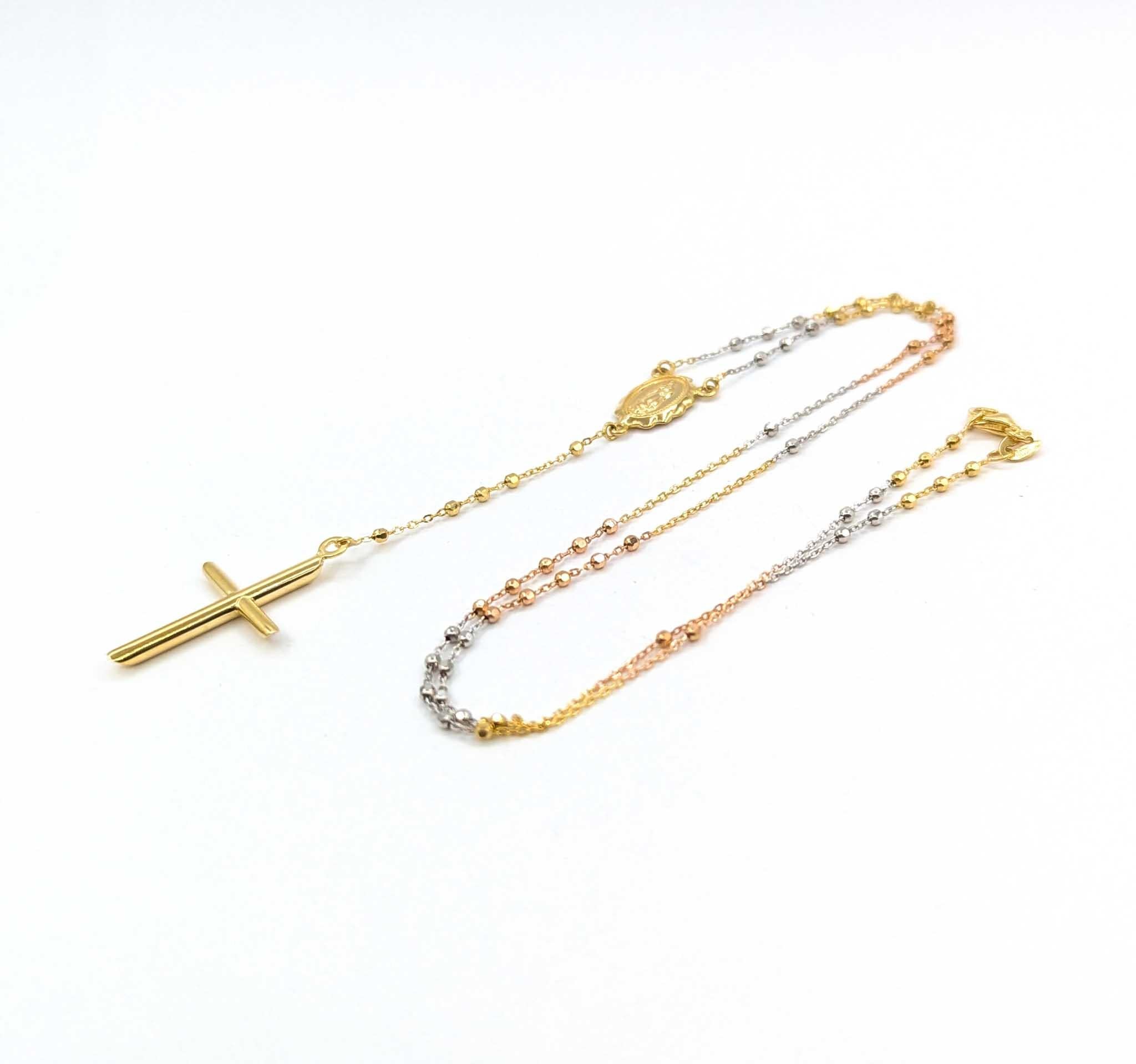 Collana con rosario tricolore e croce in oro 14k in vendita 1