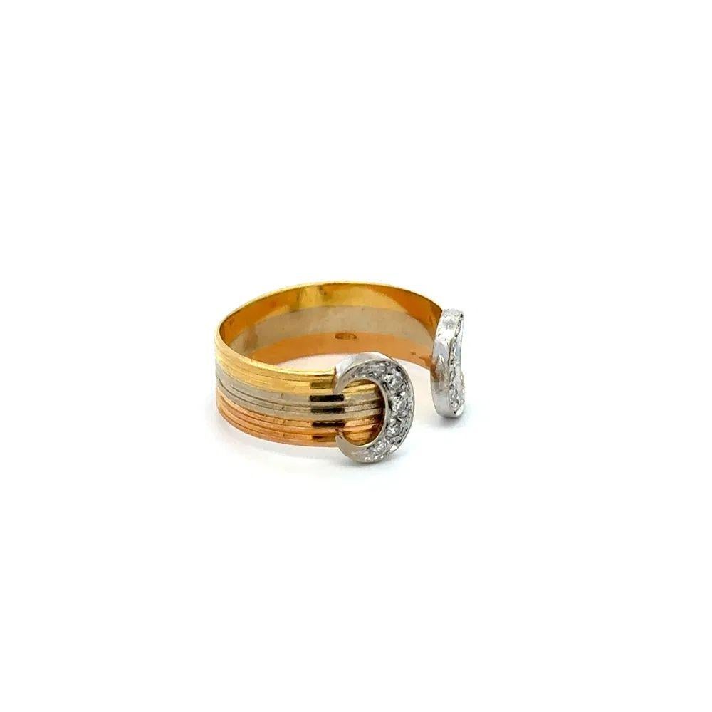Simply Beautiful! Diamond Bangle Band Ring in Three-Color Solid 18K Gold. Accented with Diamonds, approx 0.07tcw. Measuring approx. 6.10mm. Beautifully Hand crafted in 3-Tone Solid 18K Gold. Measuring approx. 0.7” l x 0.7” w x 0.3” h. Ring size 5.5,