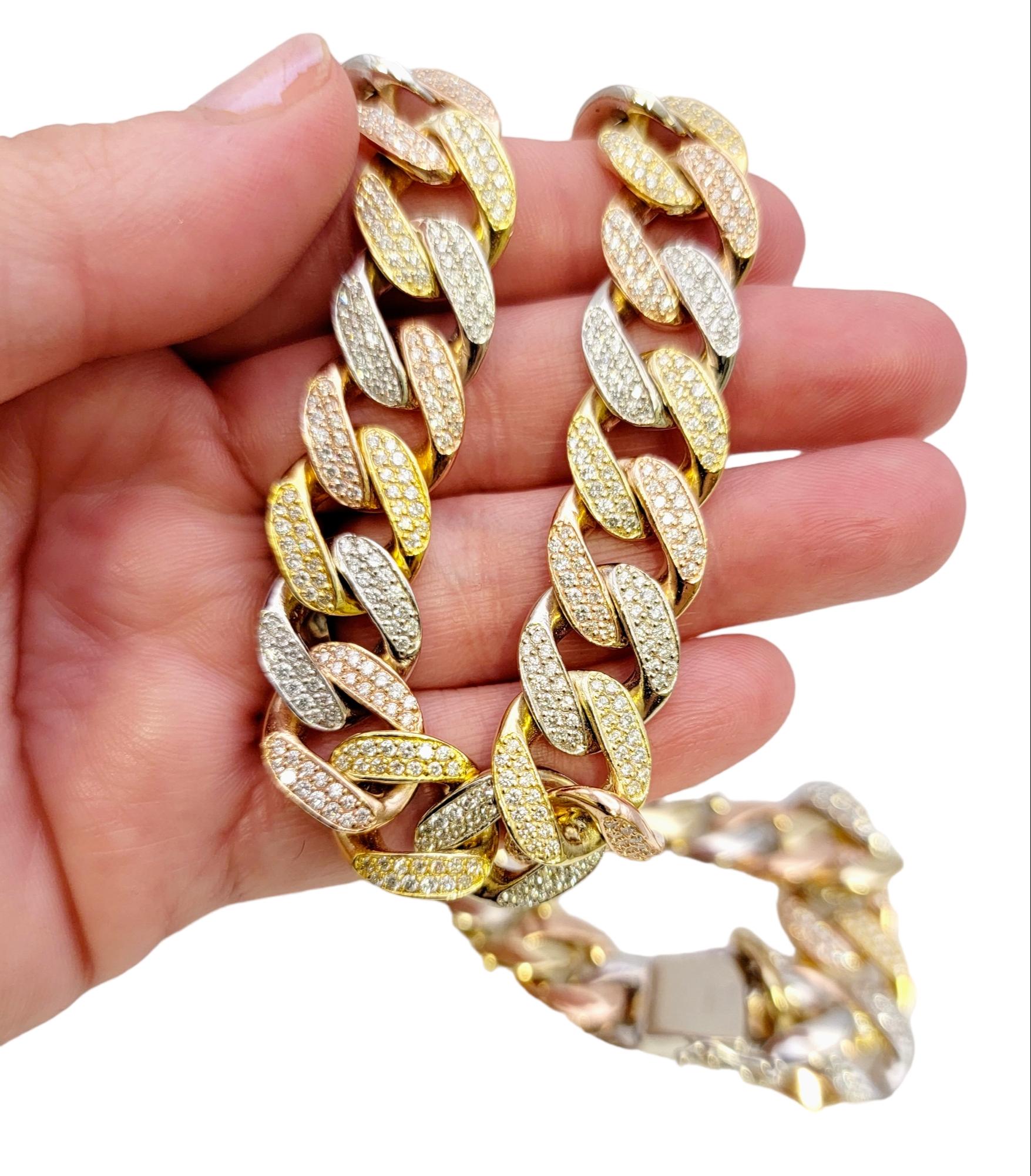 Tri-Tone Unisex Cuban Link 12 Ctw Pave Diamond Necklace in 14 Karat Gold For Sale 10