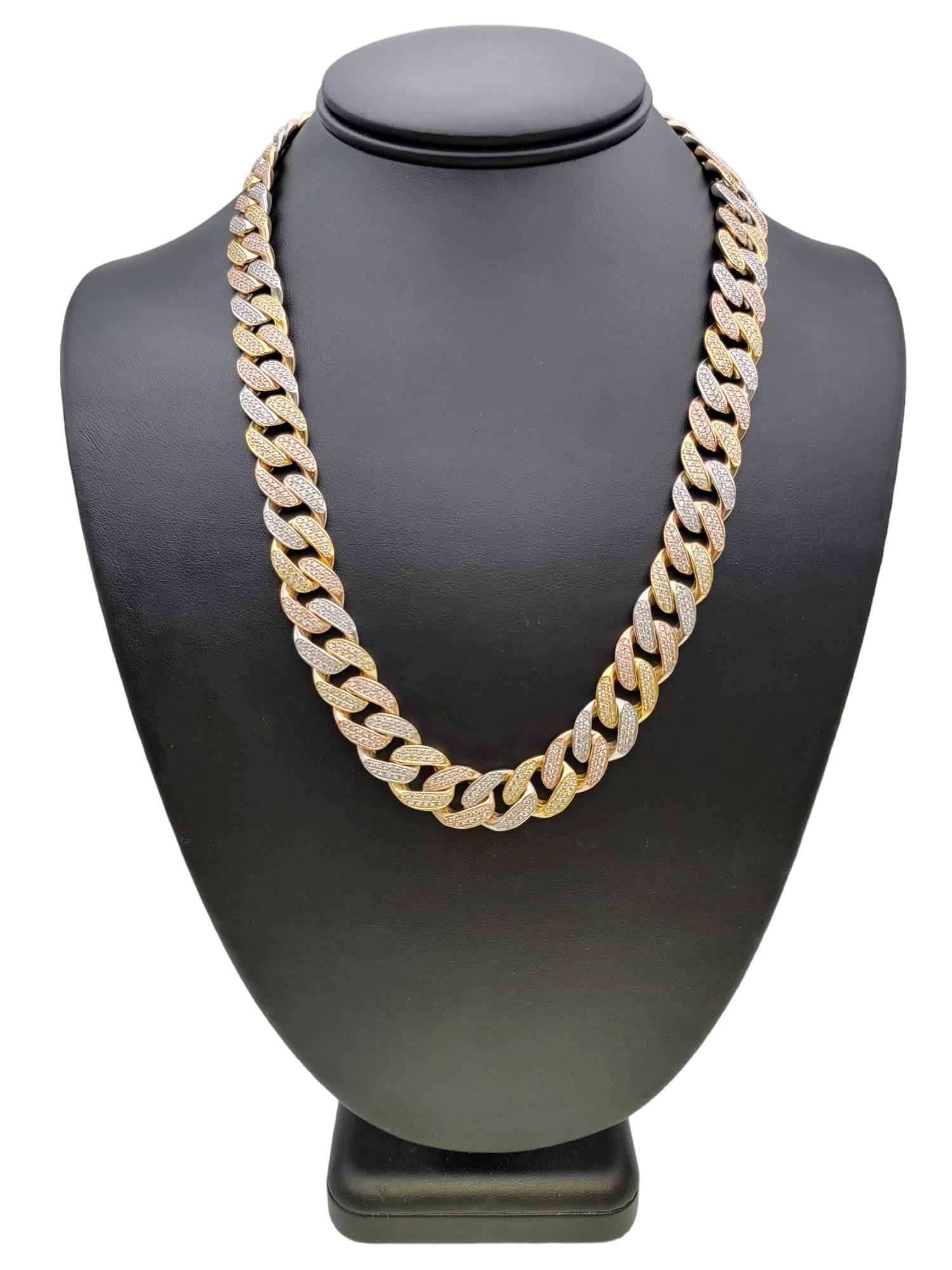 Tri-Tone Unisex Cuban Link 12 Ctw Pave Diamond Necklace in 14 Karat Gold For Sale 11