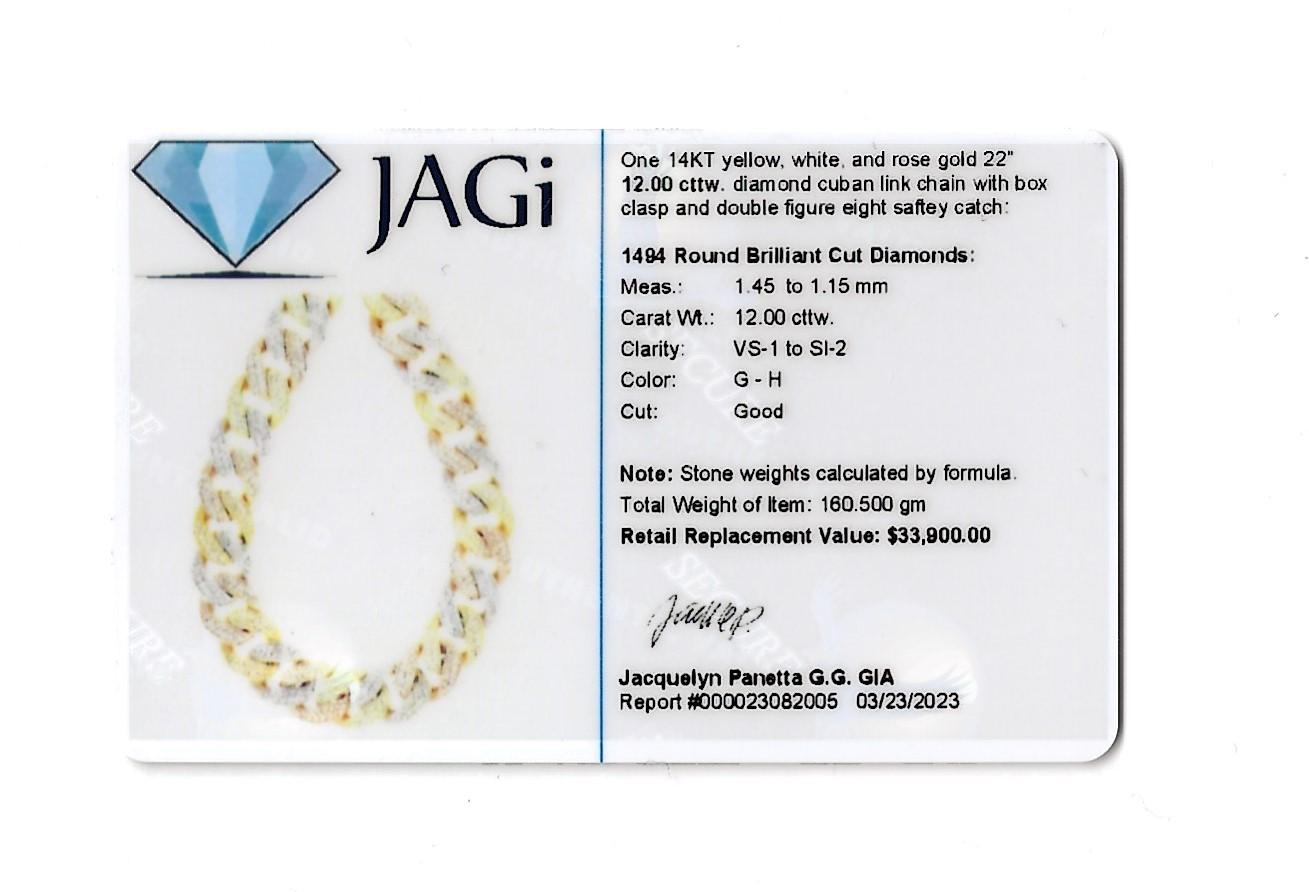 Tri-Tone Unisex Cuban Link 12 Ctw Pave Diamond Necklace in 14 Karat Gold For Sale 13