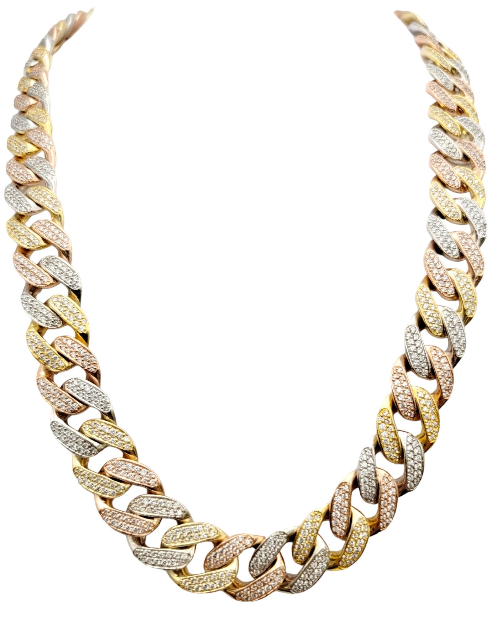 Contemporary Tri-Tone Unisex Cuban Link 12 Ctw Pave Diamond Necklace in 14 Karat Gold For Sale