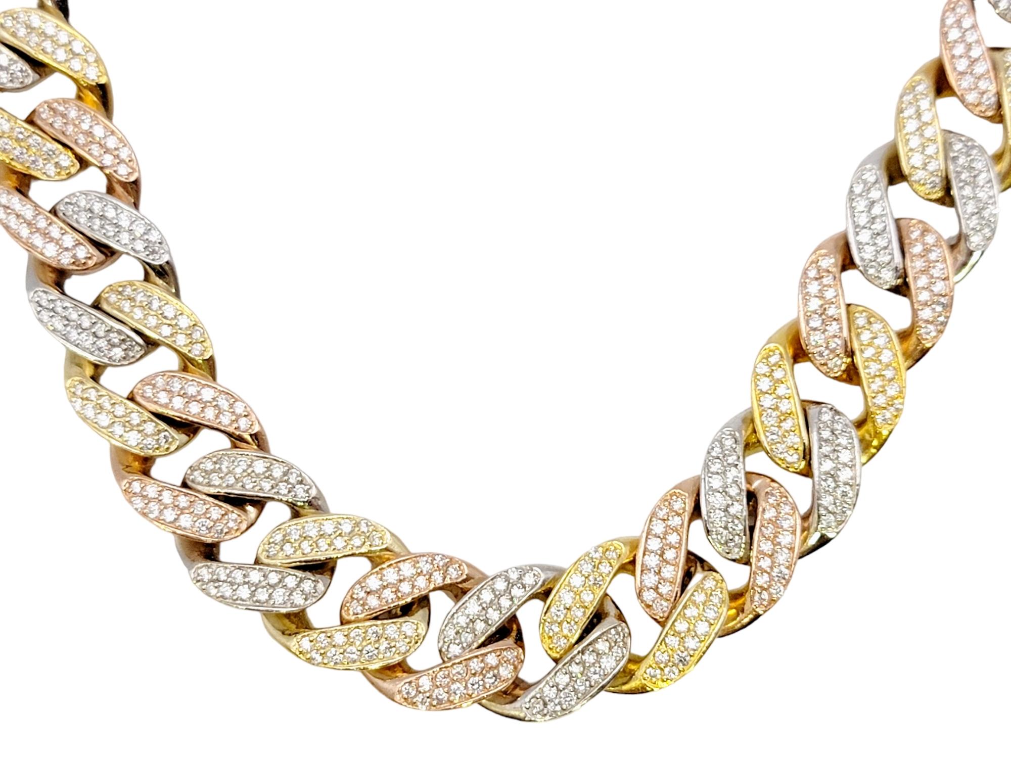 Round Cut Tri-Tone Unisex Cuban Link 12 Ctw Pave Diamond Necklace in 14 Karat Gold For Sale