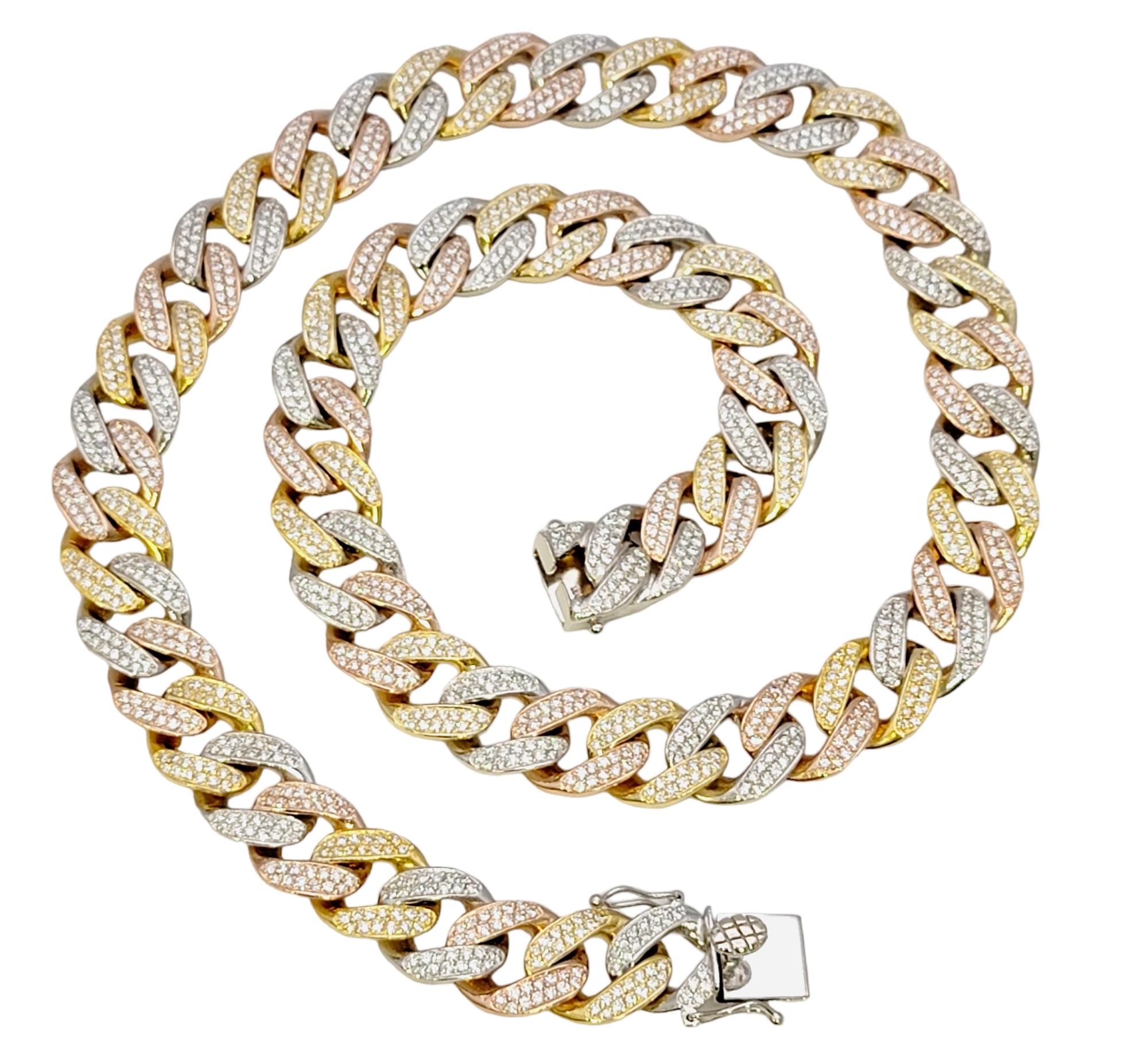 Tri-Tone Unisex Cuban Link 12 Ctw Pave Diamond Necklace in 14 Karat Gold In Good Condition For Sale In Scottsdale, AZ