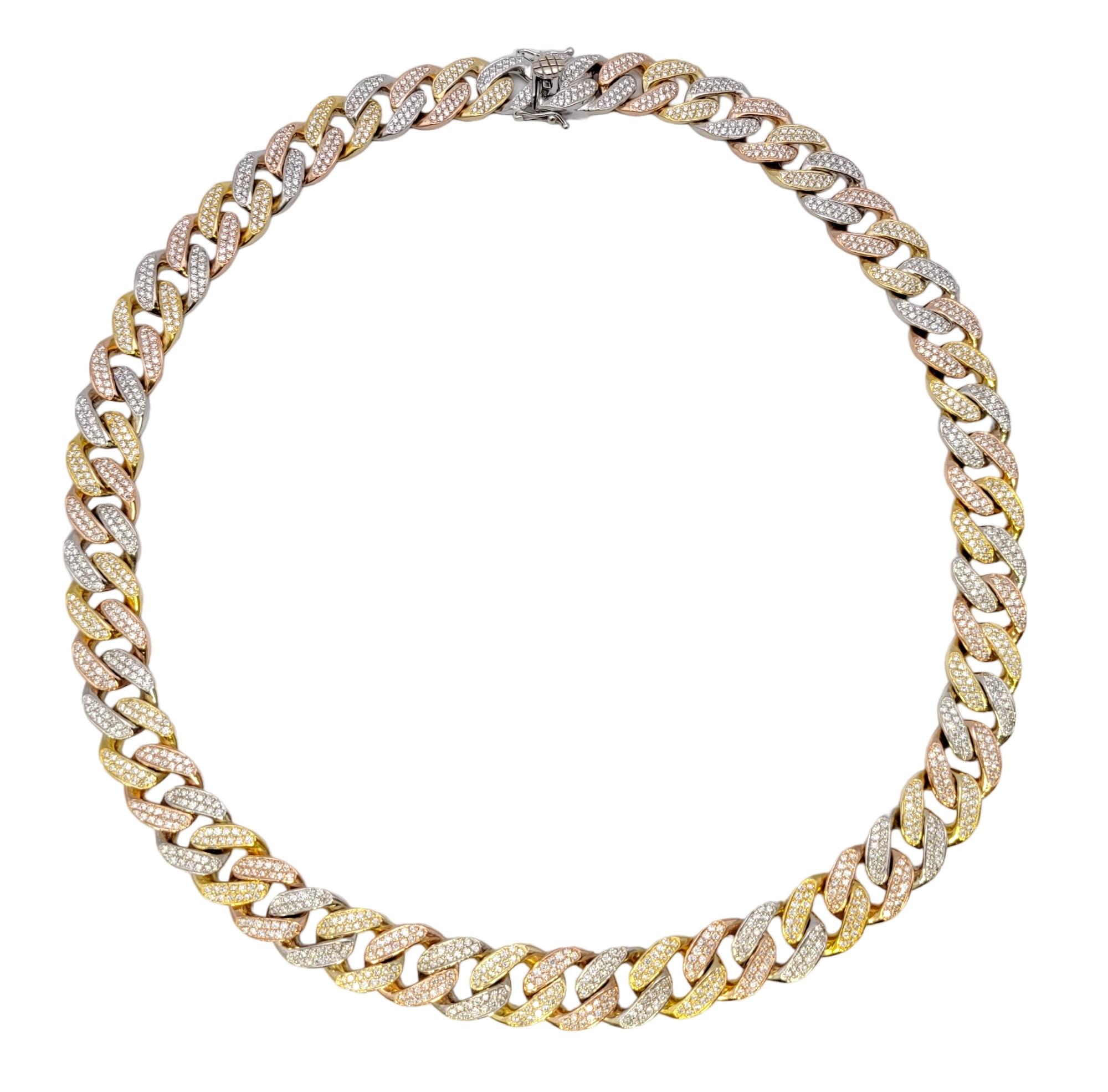 Tri-Tone Unisex Cuban Link 12 Ctw Pave Diamond Necklace in 14 Karat Gold For Sale 1