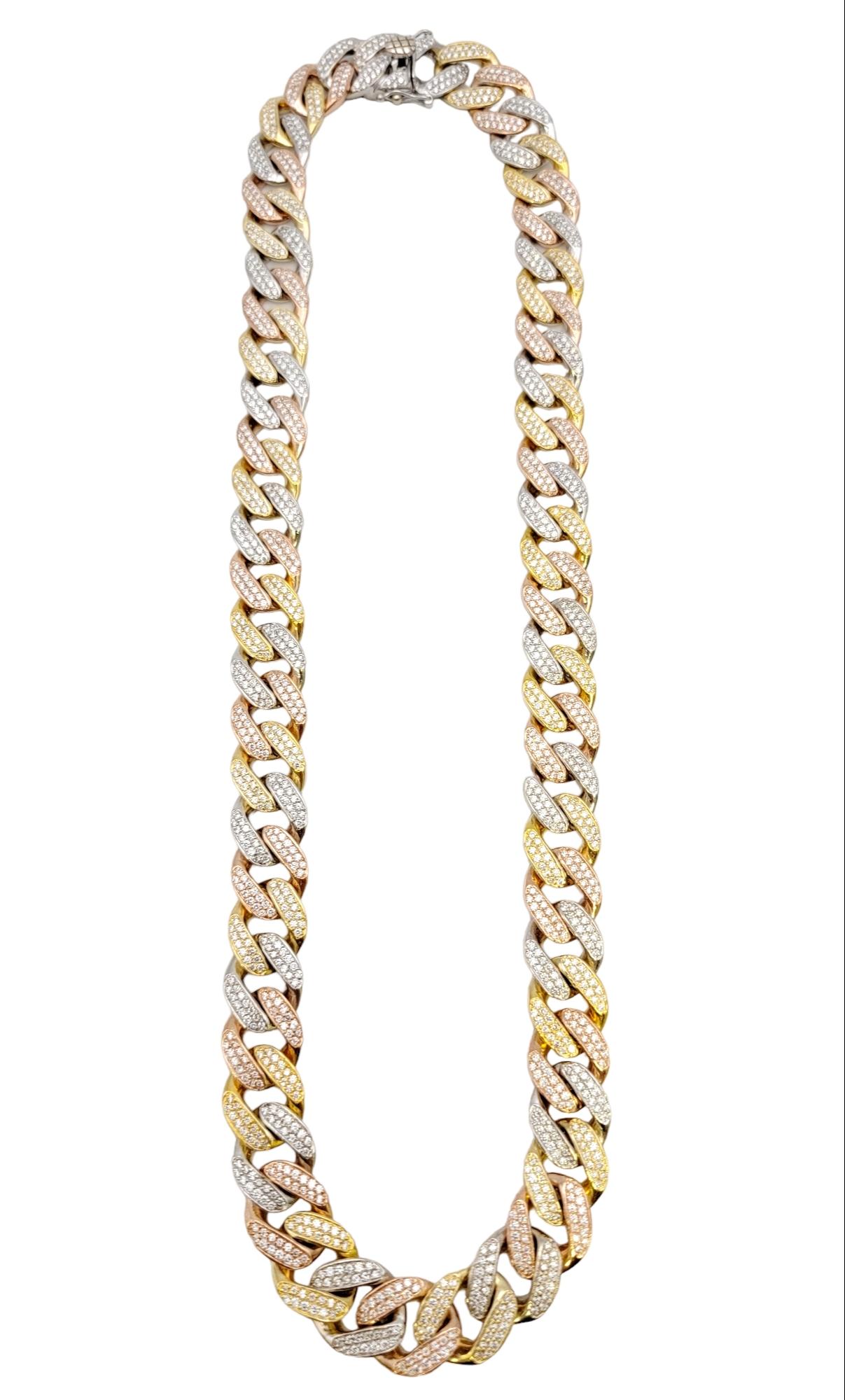Tri-Tone Unisex Cuban Link 12 Ctw Pave Diamond Necklace in 14 Karat Gold For Sale 2