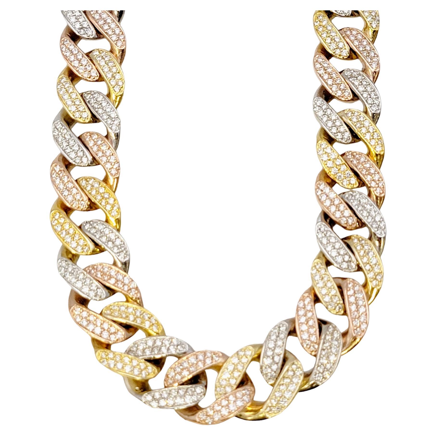 Tri-Tone Unisex Cuban Link 12 Ctw Pave Diamond Necklace in 14 Karat Gold