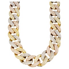Tri-Tone Unisex Cuban Link 12 Ctw Pave Diamond Necklace in 14 Karat Gold