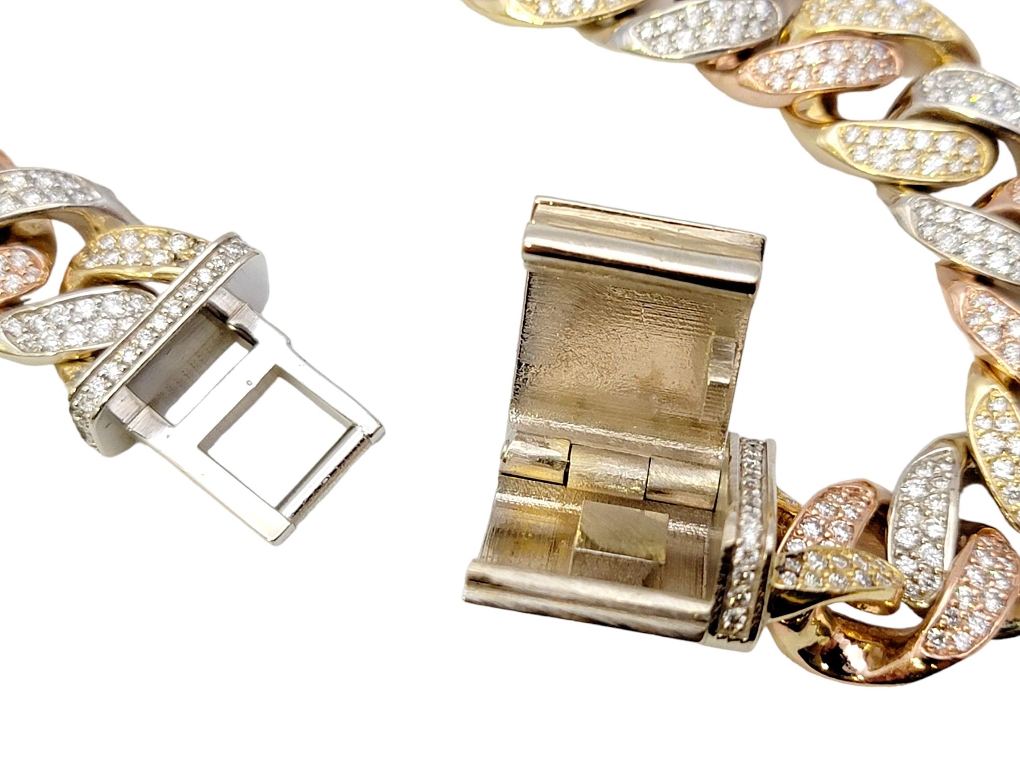 Tri-Tone Unisex Cuban Link Pave Diamond Bracelet in 14 Karat Gold For Sale 4