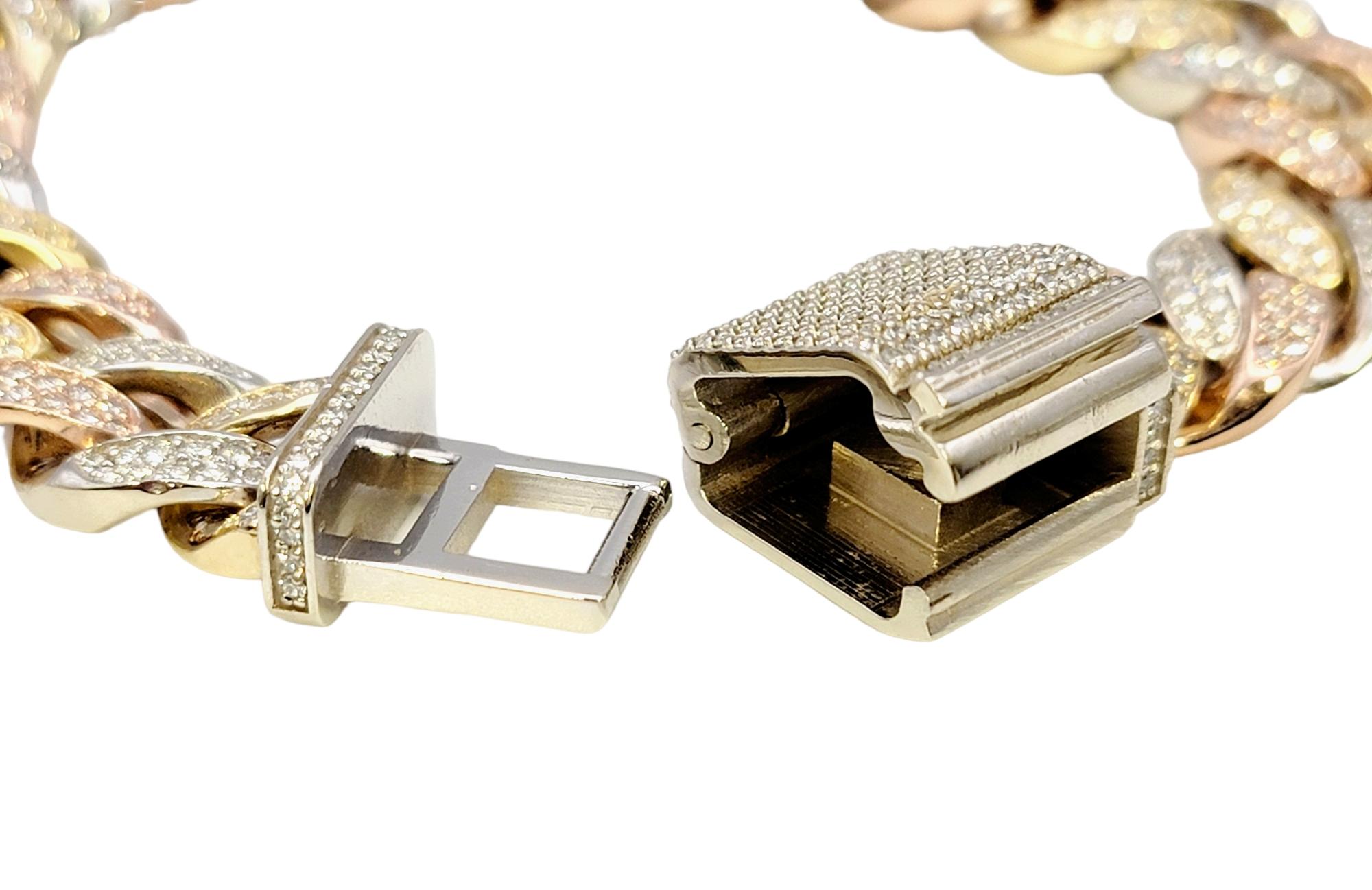 Tri-Tone Unisex Cuban Link Pave Diamond Bracelet in 14 Karat Gold For Sale 5