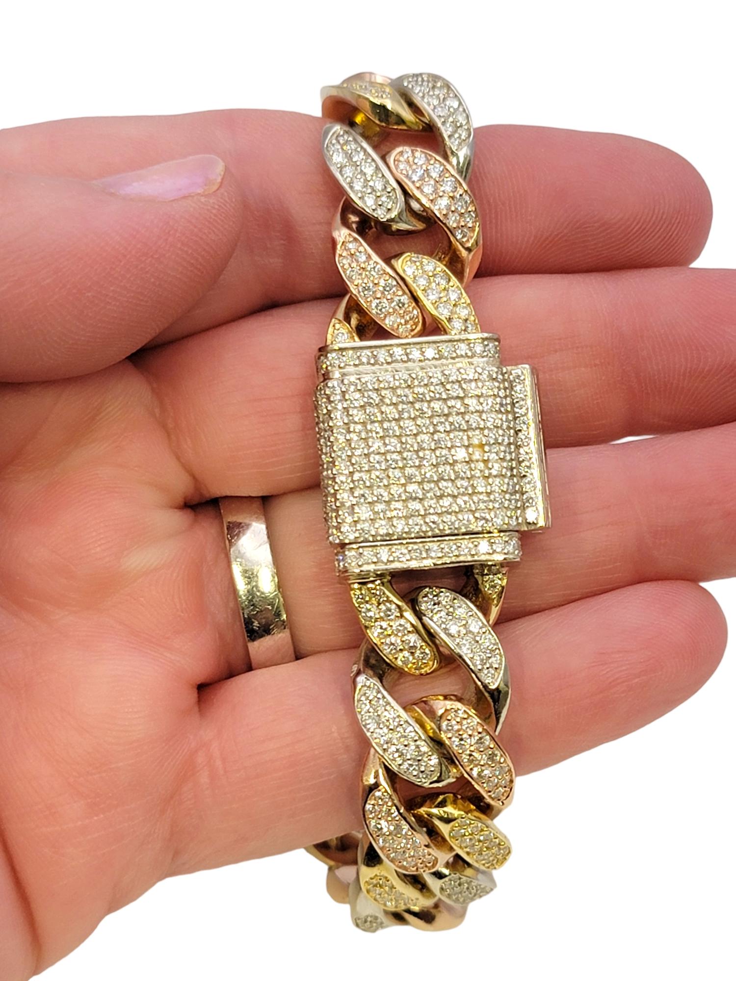 Tri-Tone Unisex Cuban Link Pave Diamond Bracelet in 14 Karat Gold For Sale 7