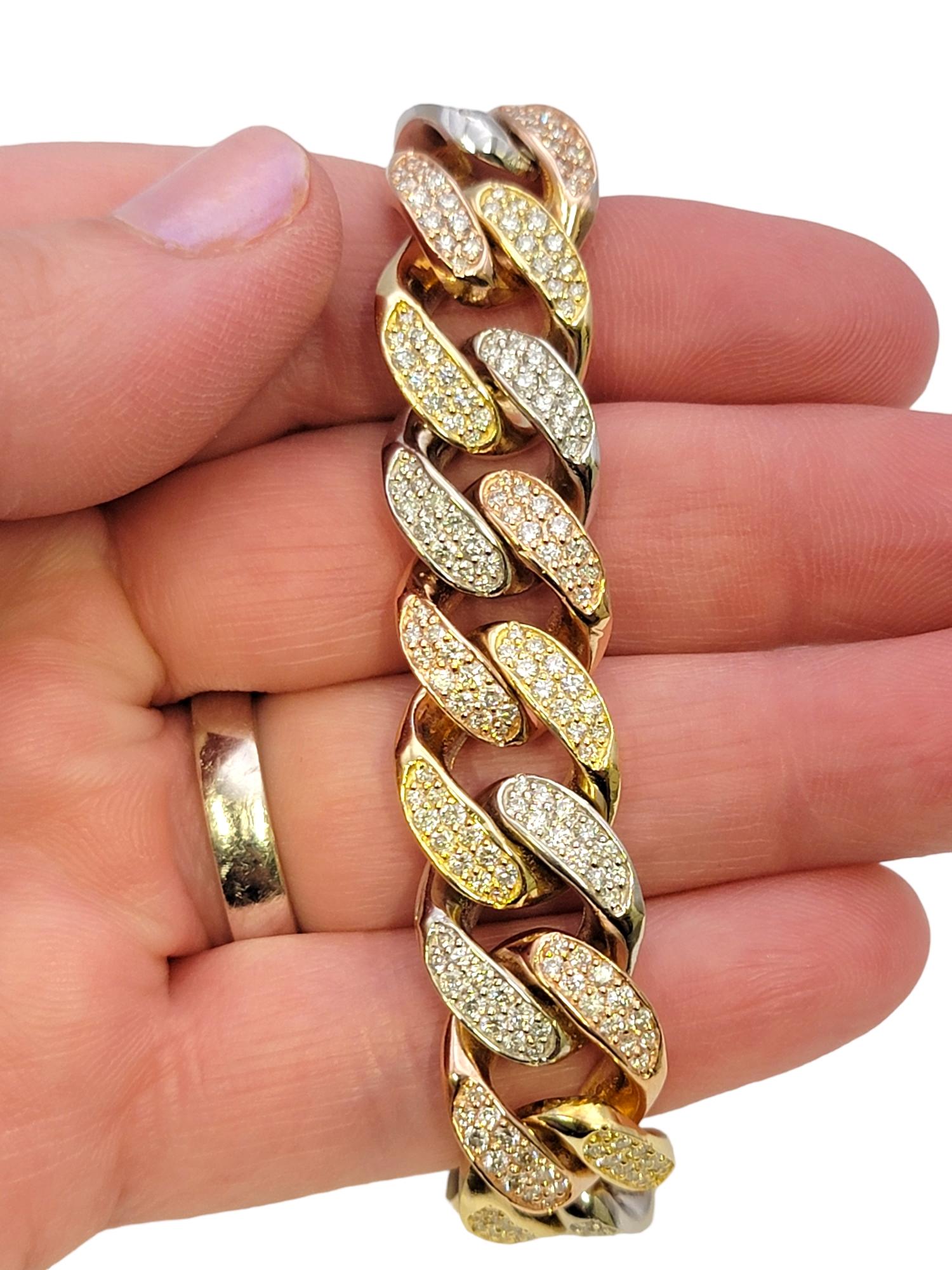 Tri-Tone Unisex Cuban Link Pave Diamond Bracelet in 14 Karat Gold For Sale 8
