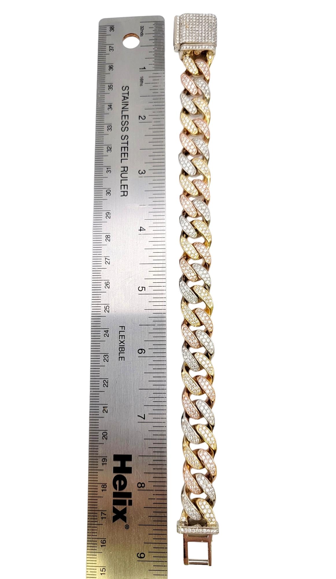 Dreifarbiges Unisex-Diamantarmband aus 14 Karat Gold mit kubanischen Gliedern im Angebot 11