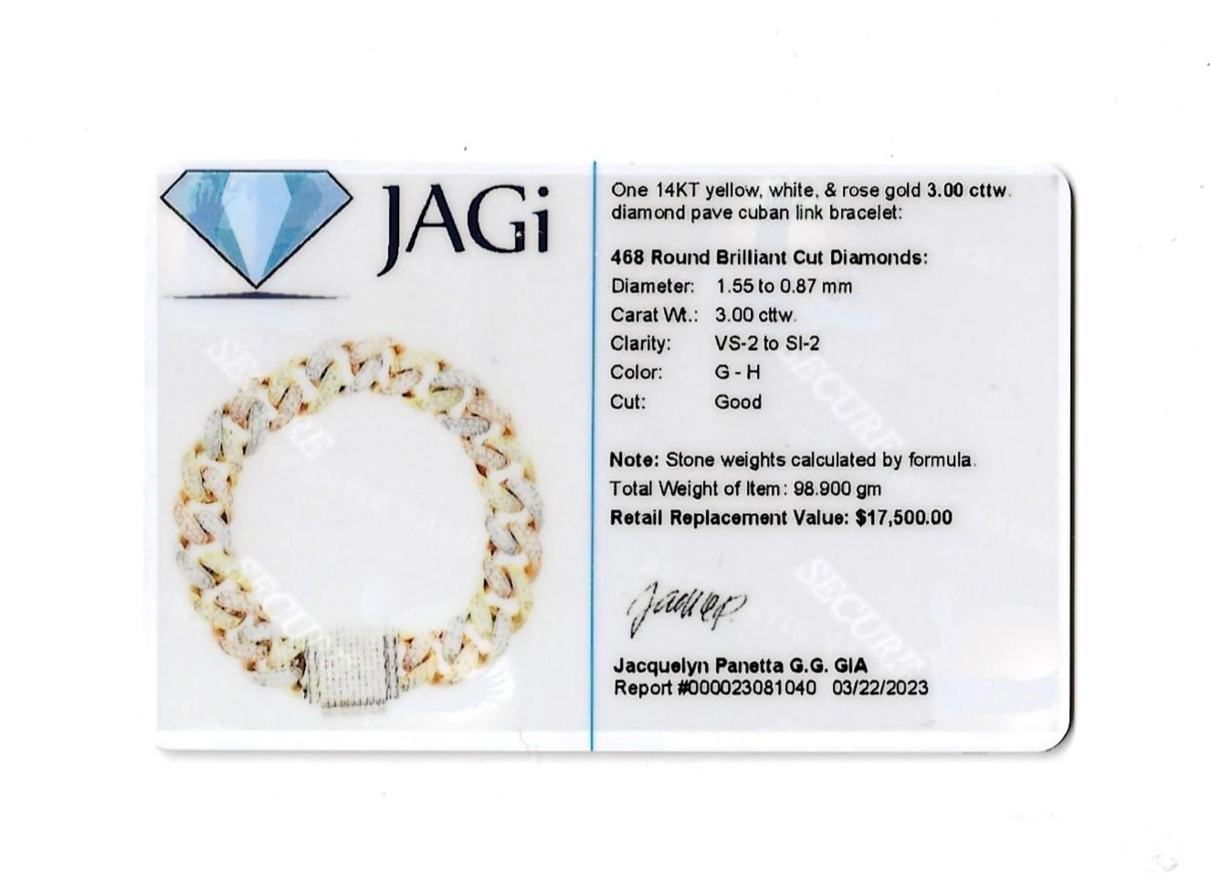 Dreifarbiges Unisex-Diamantarmband aus 14 Karat Gold mit kubanischen Gliedern im Angebot 12
