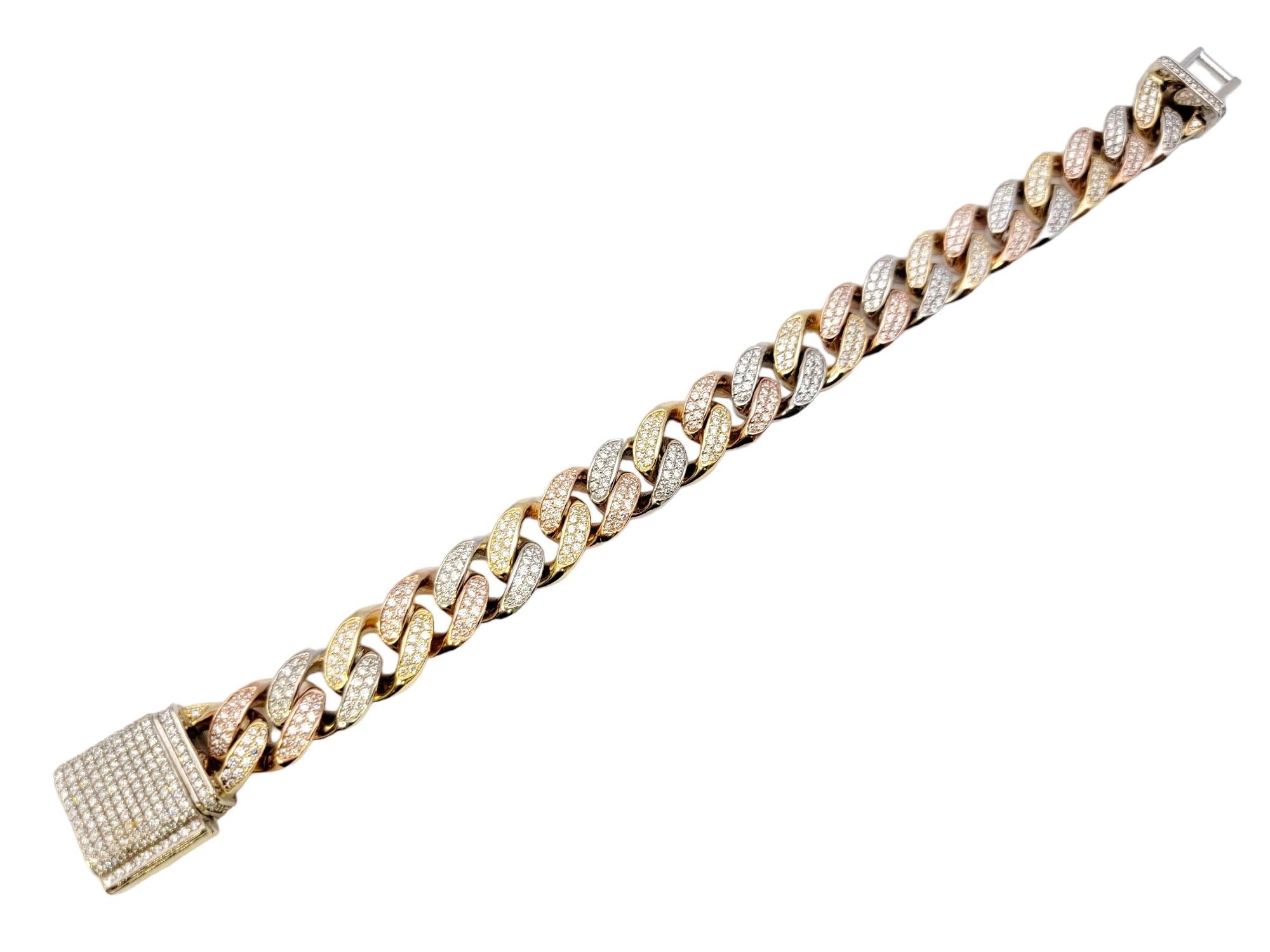 Dreifarbiges Unisex-Diamantarmband aus 14 Karat Gold mit kubanischen Gliedern (Zeitgenössisch) im Angebot