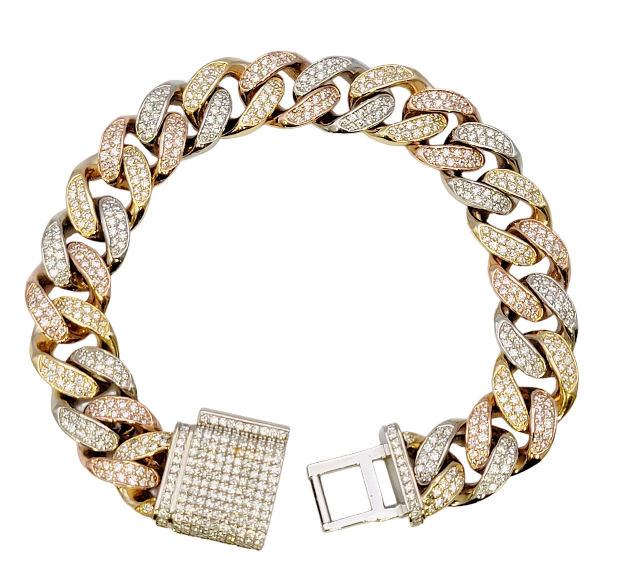 Contemporary Tri-Tone Unisex Cuban Link Pave Diamond Bracelet in 14 Karat Gold For Sale