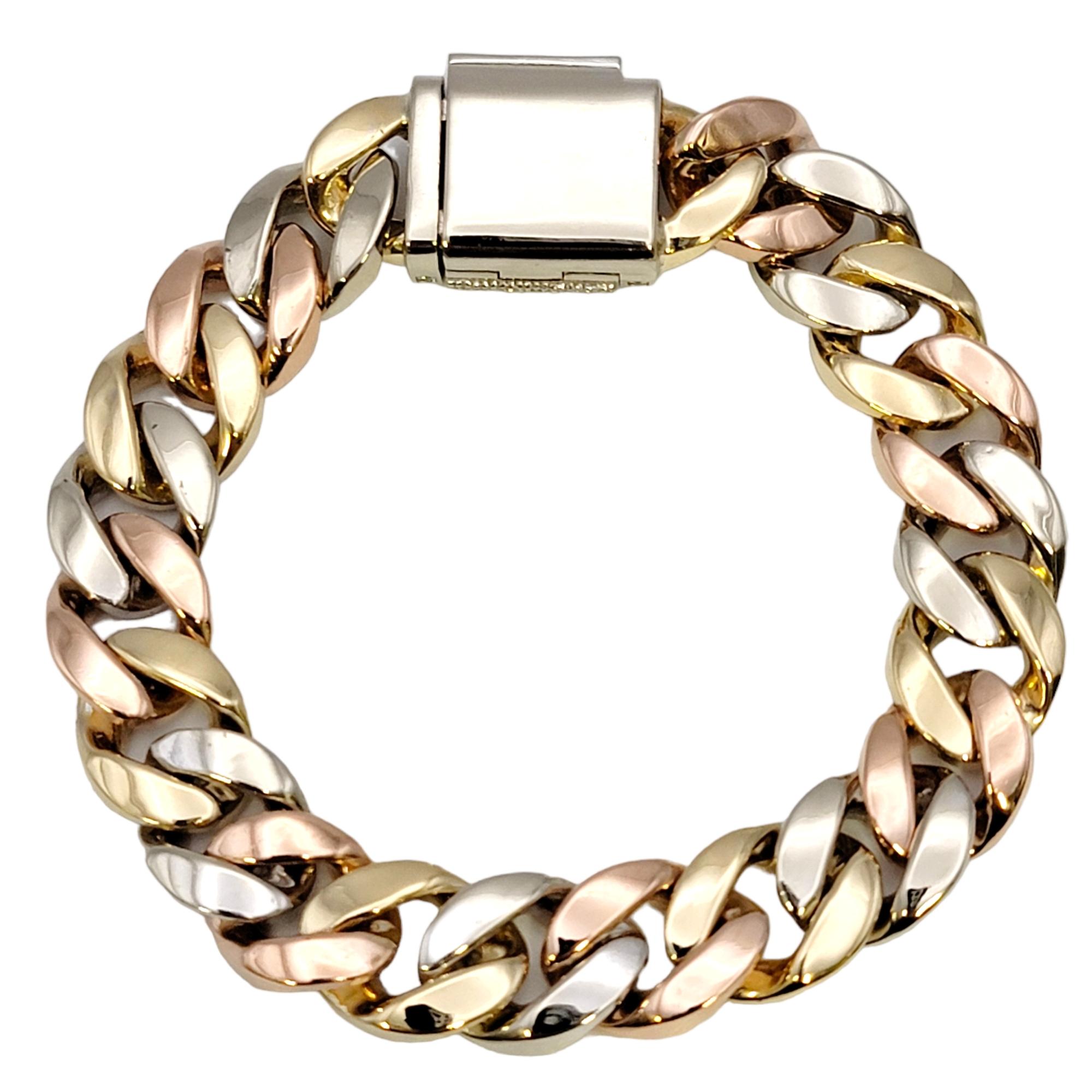 Tri-Tone Unisex Cuban Link Pave Diamond Bracelet in 14 Karat Gold In Good Condition For Sale In Scottsdale, AZ