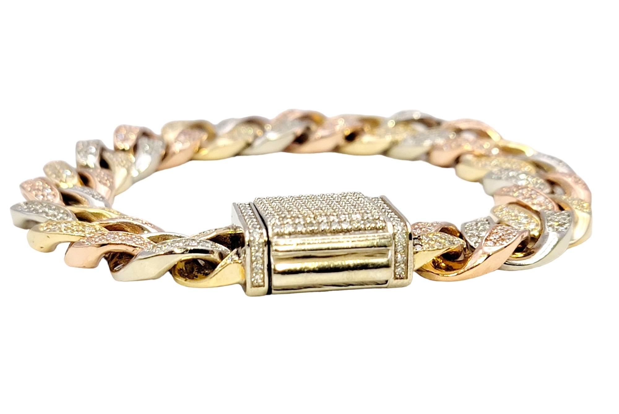 Tri-Tone Unisex Cuban Link Pave Diamond Bracelet in 14 Karat Gold For Sale 1