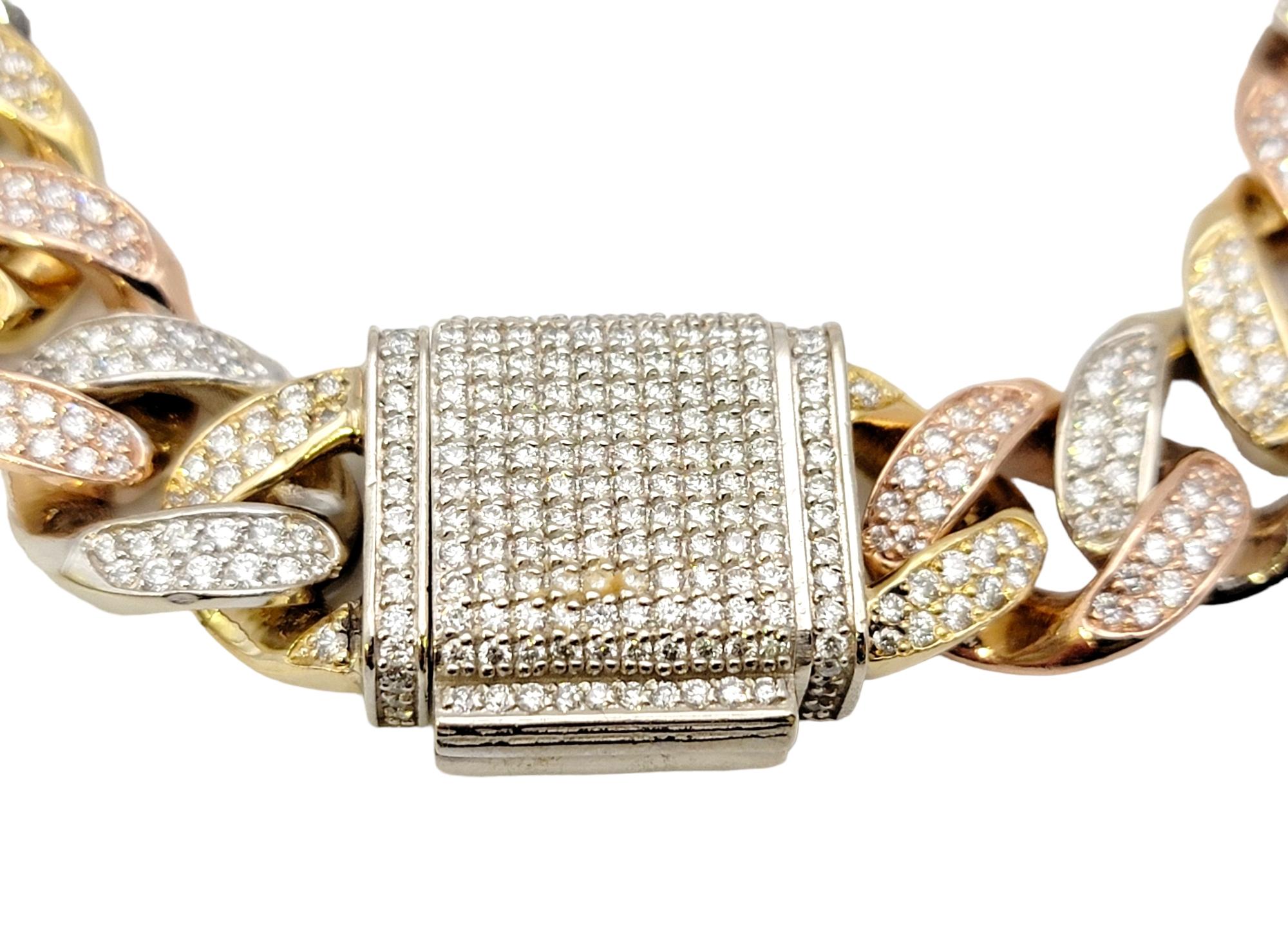 Tri-Tone Unisex Cuban Link Pave Diamond Bracelet in 14 Karat Gold For Sale 2