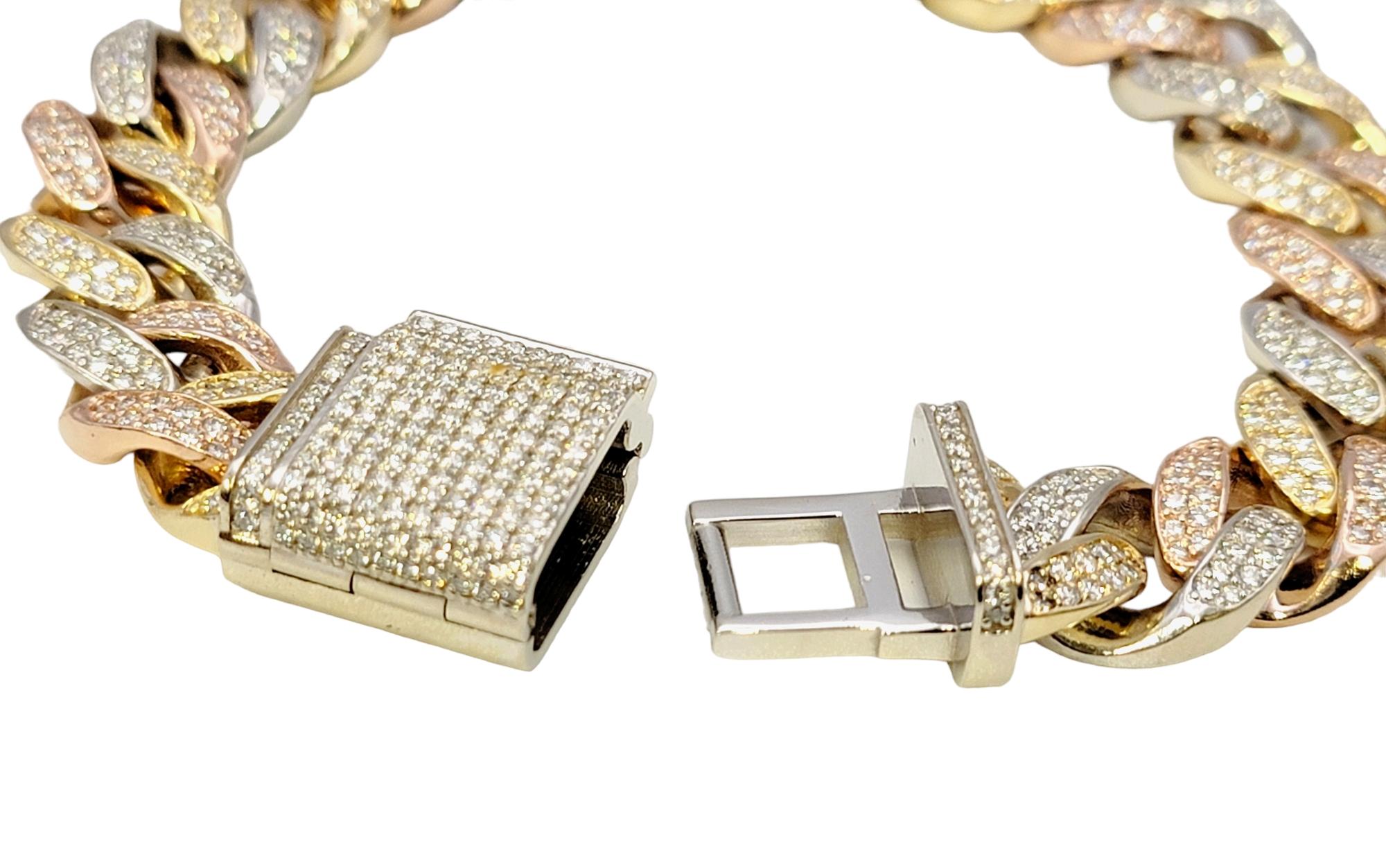 Tri-Tone Unisex Cuban Link Pave Diamond Bracelet in 14 Karat Gold For Sale 3