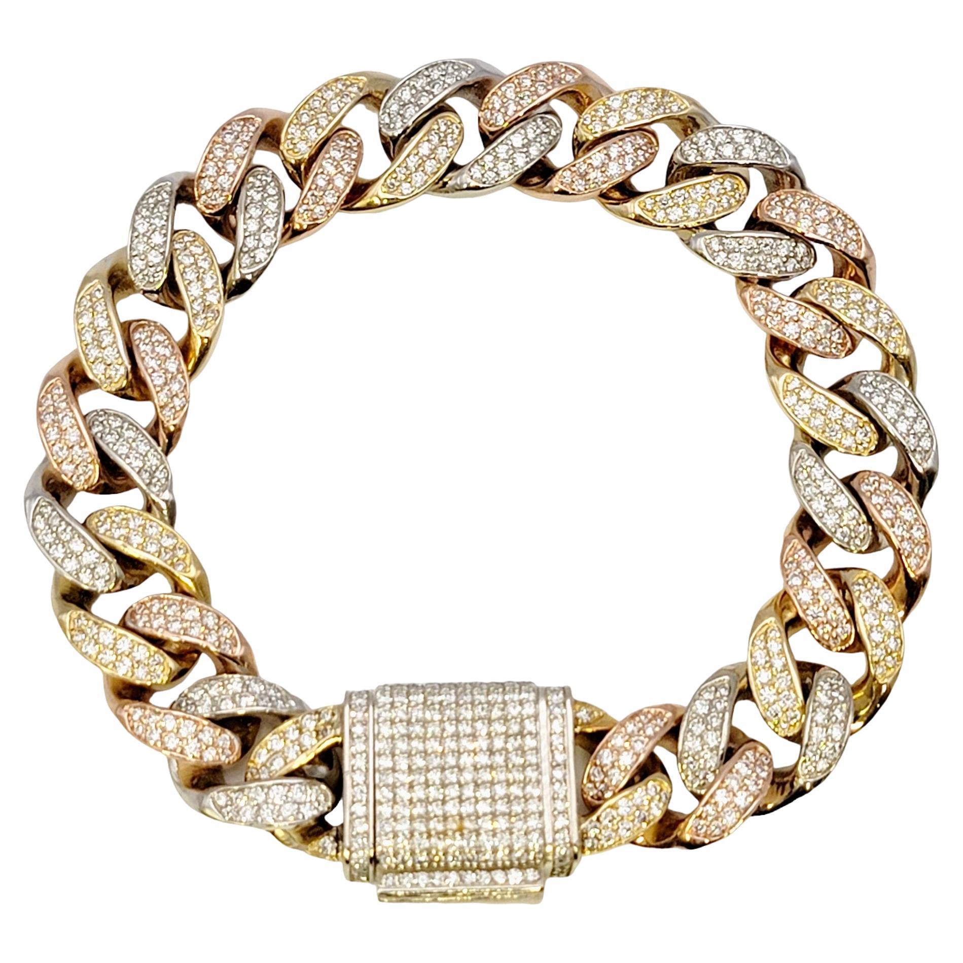 Tri-Tone Unisex Cuban Link Pave Diamond Bracelet in 14 Karat Gold For Sale