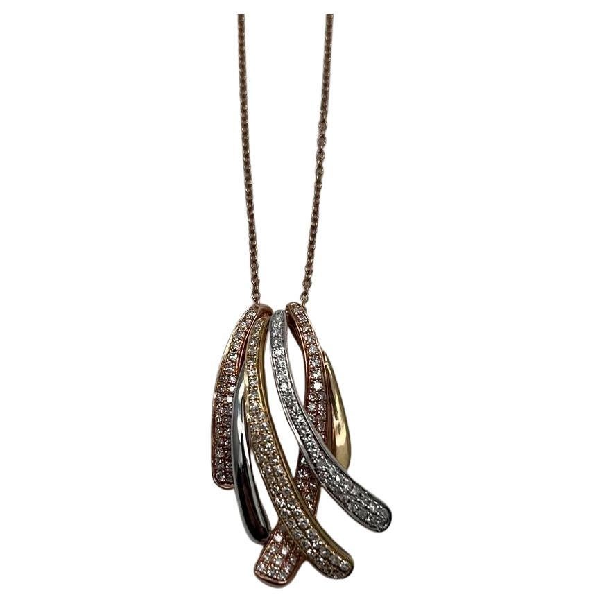 Tri Triple Tone Diamond Pave Waves 14K White Yellow Rose Gold Pendant Necklace