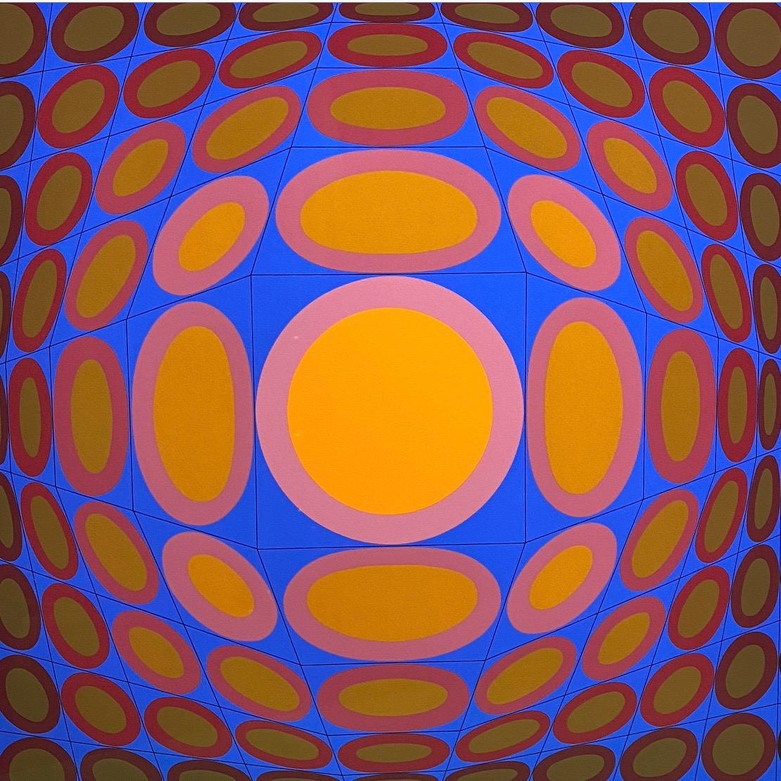 Une œuvre d'art étonnante du créateur de l'op art. Cette magnifique sérigraphie a été créée par Victor Vasarely en 1975.

Les couleurs sont étonnantes et surtout l'orange est presque fluorescent. 

La méthode d'impression est la sérigraphie, qui