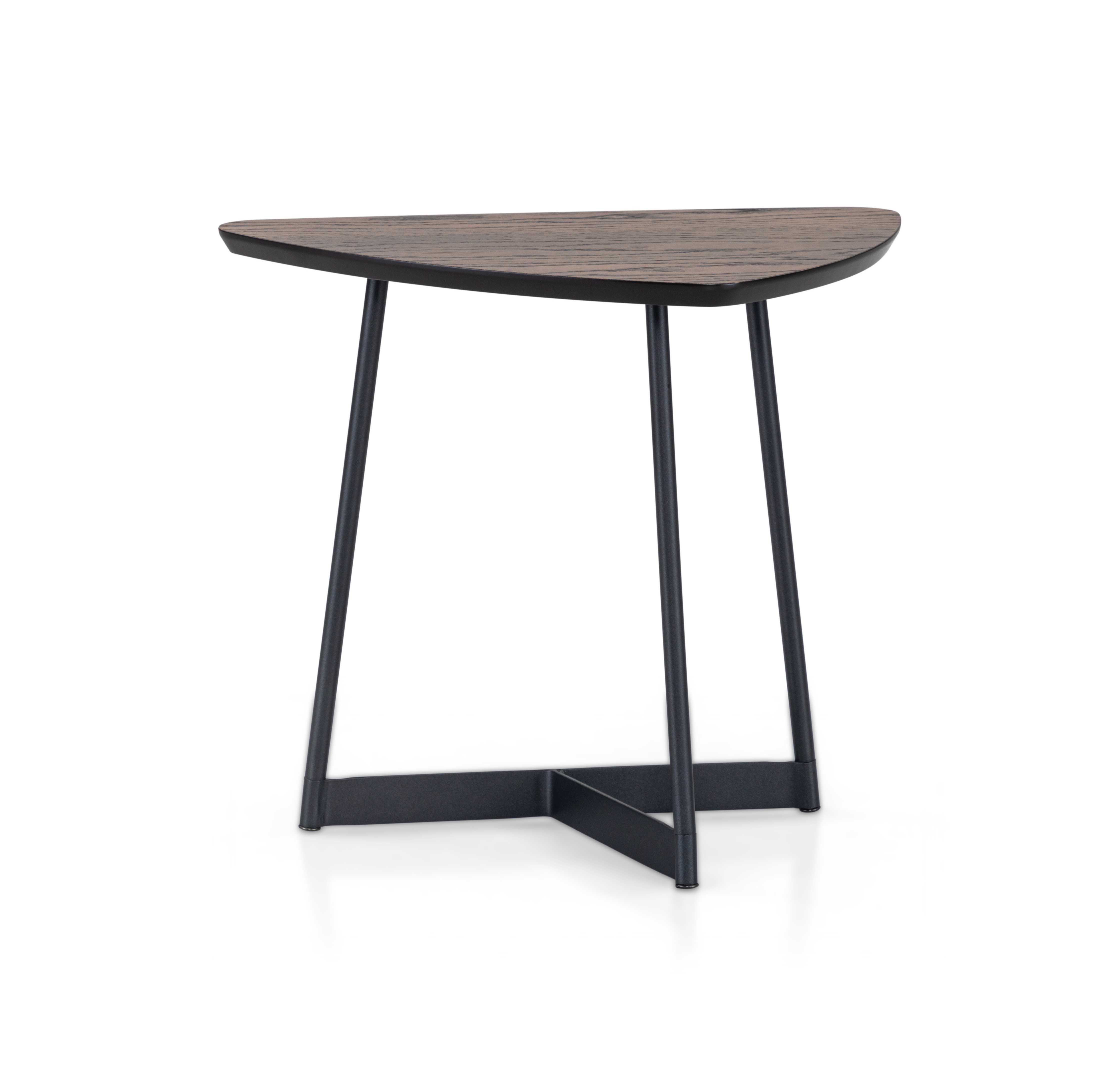 Brazilian Dark Oak Veneer 19-Inch Top Coffee Table with Black Metal Base - Tria Line For Sale