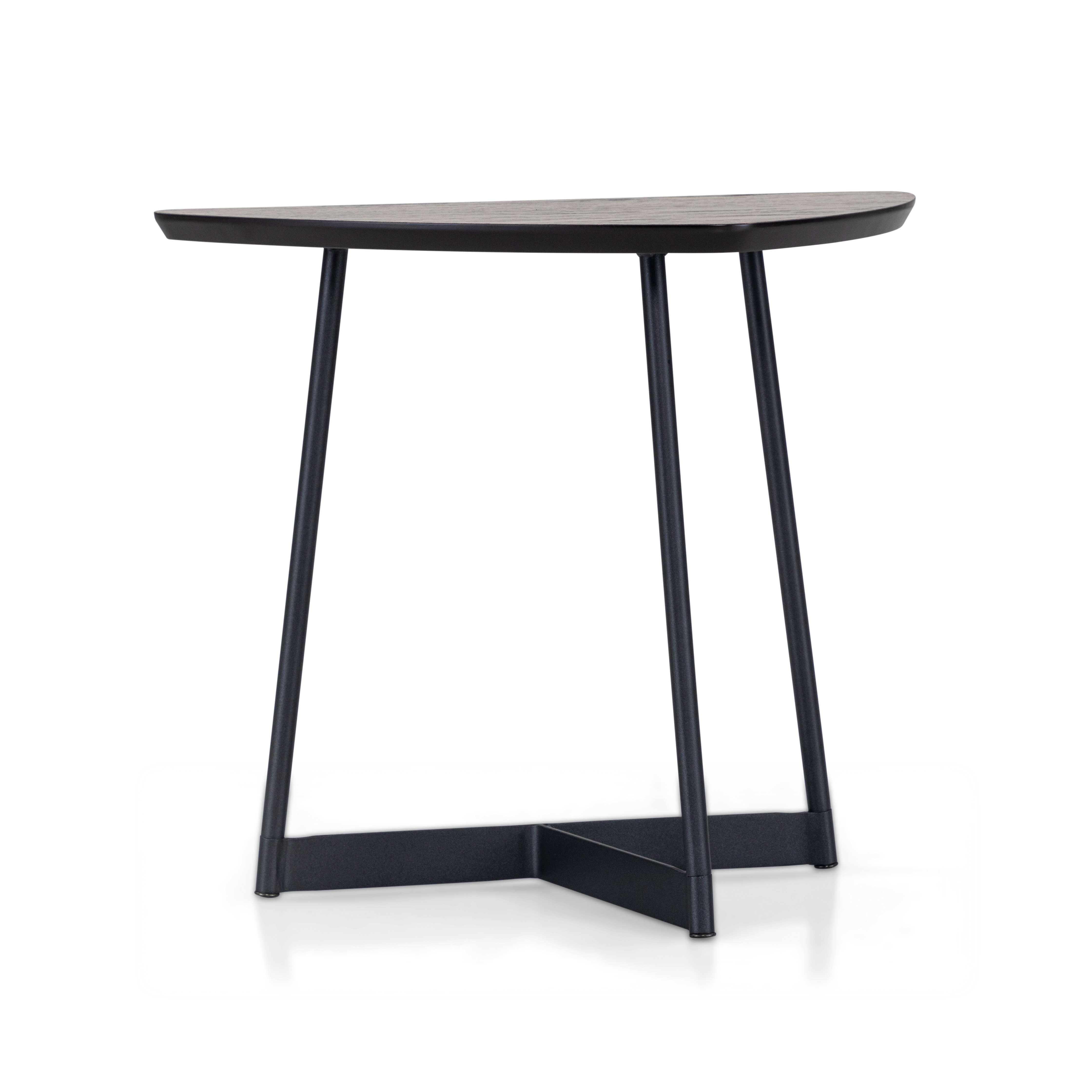 Lacquered Dark Oak Veneer 19-Inch Top Coffee Table with Black Metal Base - Tria Line For Sale